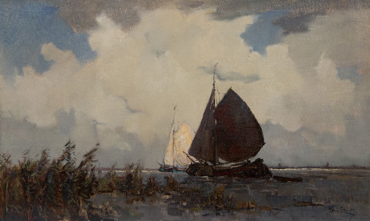 Leurs H.J. | Hendrik Johannes 'Henk' Leurs | Schilderijen te koop aangeboden | Zeilende tjalken onder Hollandse wolkenlucht, olieverf op doek 60,0 x 100,0 cm, gesigneerd rechtsonder en zonder lijst Leurs H.J. | Hendrik Johannes 'Henk' Leurs | Schilderijen te koop aangeboden | Zeilende tjalken onder Hollandse wolkenlucht, olieverf op doek 60,0 x 100,0 cm, gesigneerd rechtsonder en zonder lijst