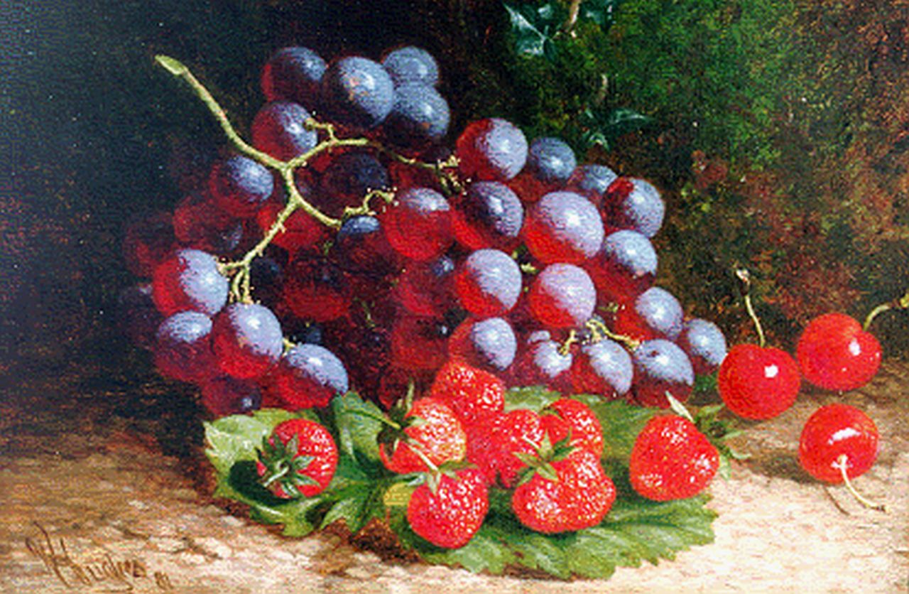 Hughes W. | William Hughes, Stilleven met aardbeien en druiven, olieverf op doek 20,0 x 30,2 cm, gesigneerd linksonder en gedateerd '81 Hughes W. | William Hughes, Stilleven met aardbeien en druiven, olieverf op doek 20,0 x 30,2 cm, gesigneerd linksonder en gedateerd '81