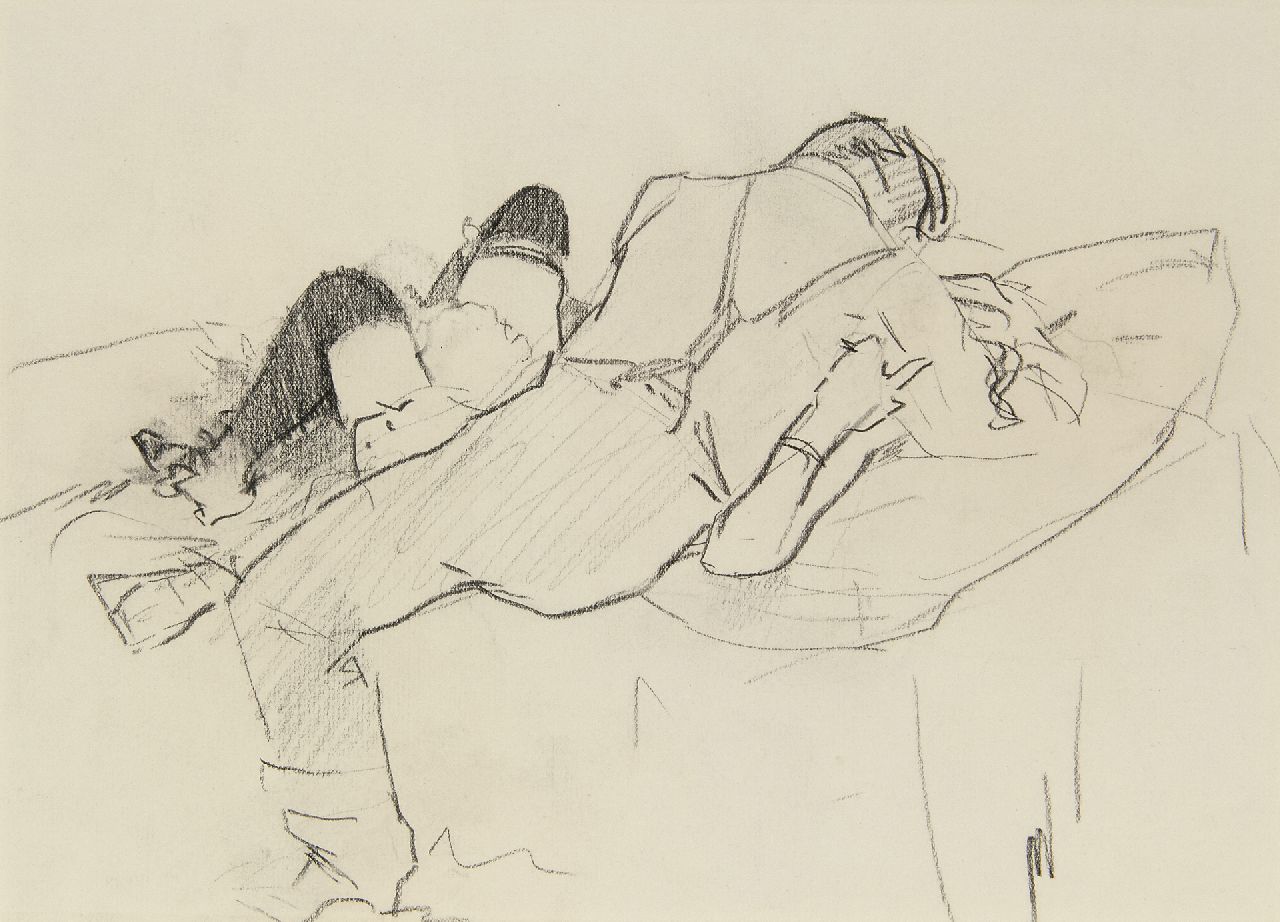Hem P. van der | Pieter 'Piet' van der Hem | Aquarellen en tekeningen te koop aangeboden | Liefdespaar i.o., houtskool op papier 18,5 x 25,4 cm