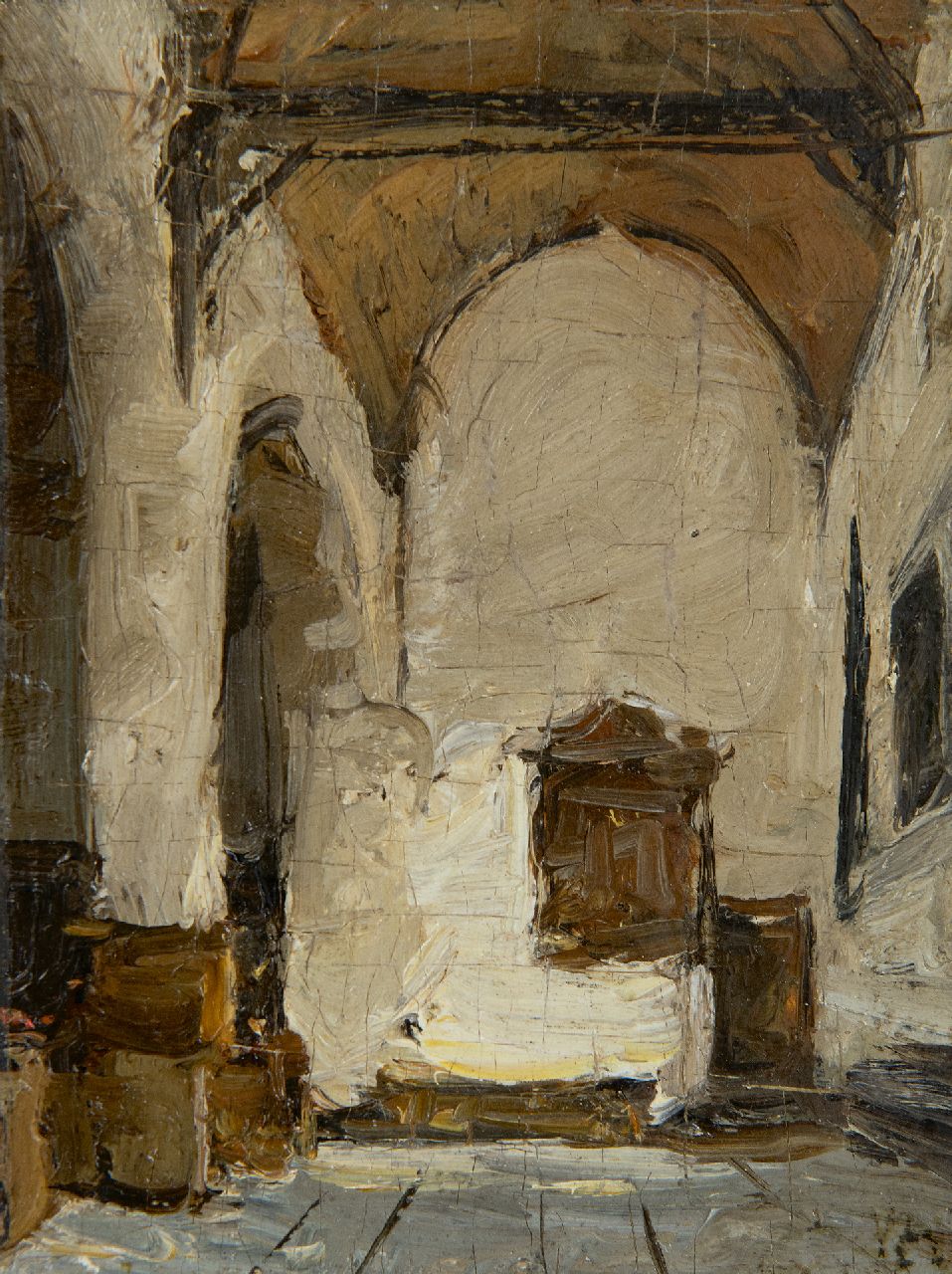 Bosboom J. | Johannes Bosboom, Kerkinterieur, olieverf op paneel 12,0 x 9,1 cm, gesigneerd rechtsonder met initialen Bosboom J. | Johannes Bosboom, Kerkinterieur, olieverf op paneel 12,0 x 9,1 cm, gesigneerd rechtsonder met initialen