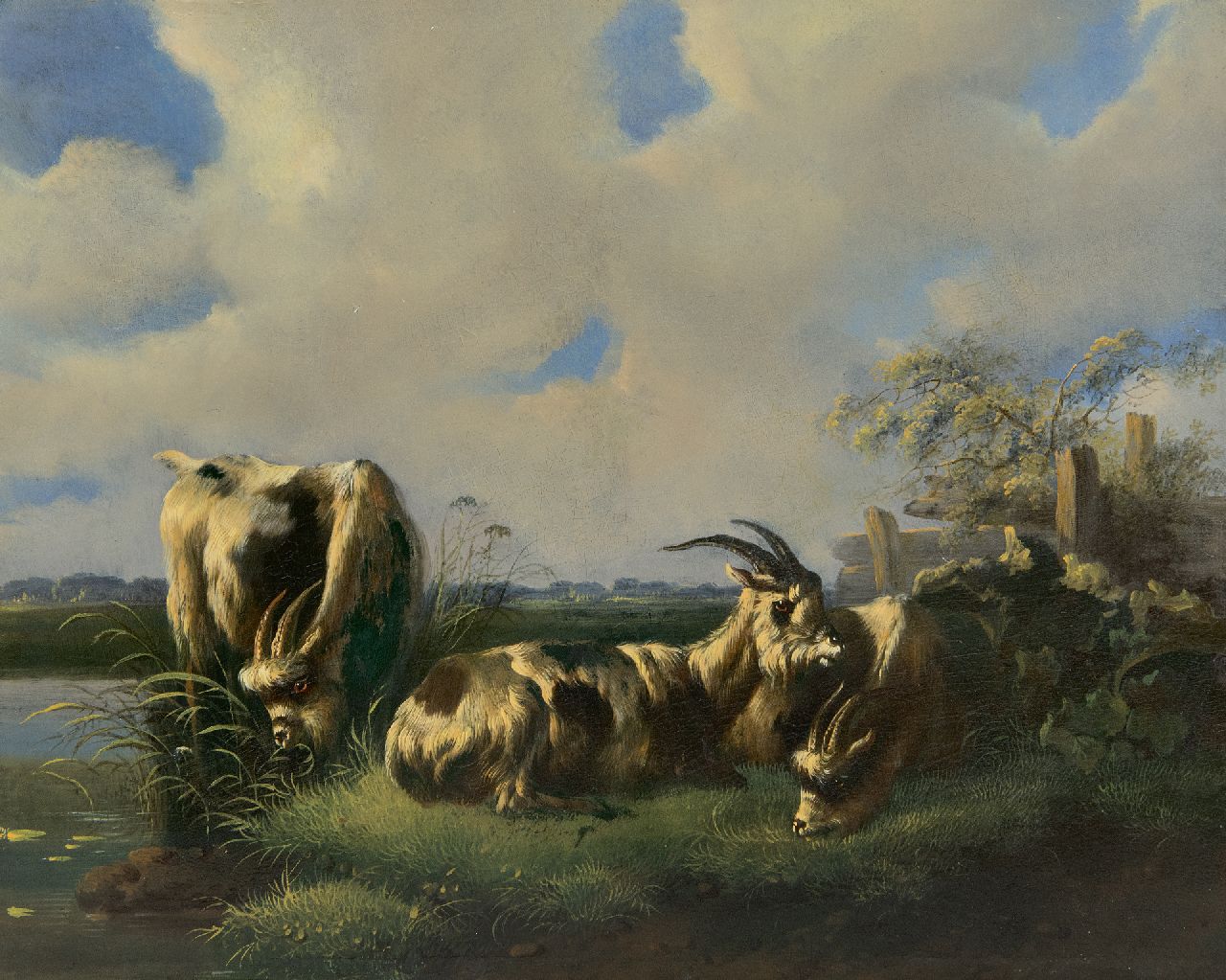 Verhoesen A. | Albertus Verhoesen | Schilderijen te koop aangeboden | Drie Nederlandse landgeiten in de wei, olieverf op paneel 27,0 x 34,3 cm, gesigneerd rechtsonder Verhoesen A. | Albertus Verhoesen | Schilderijen te koop aangeboden | Drie Nederlandse landgeiten in de wei, olieverf op paneel 27,0 x 34,3 cm, gesigneerd rechtsonder