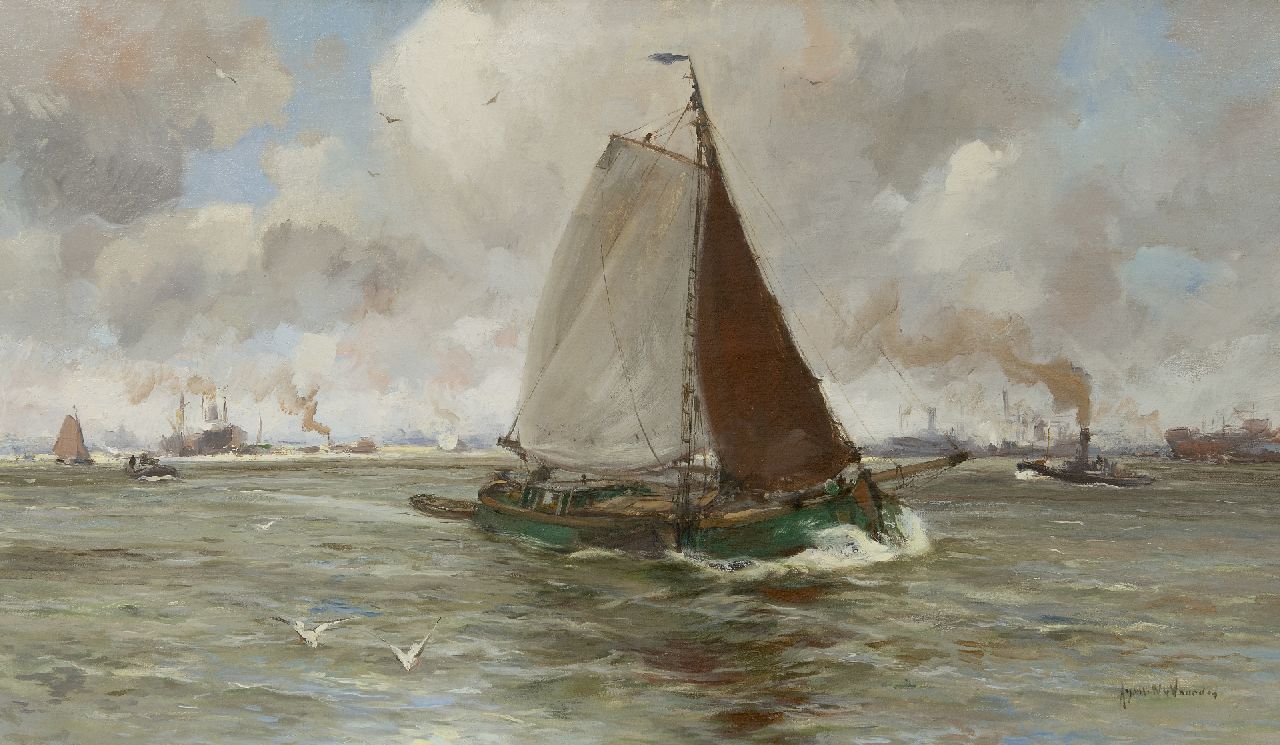 August van Voorden | Beurtschip op de Maas, olieverf op doek, 57,6 x 97,9 cm, gesigneerd r.o. August van Voorden | Beurtschip op de Maas, olieverf op doek, 57,6 x 97,9 cm, gesigneerd r.o.