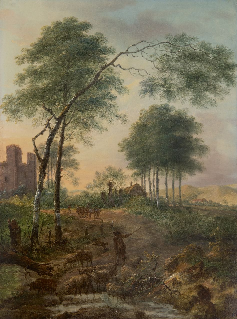 Nijmegen G. van | Gerard van Nijmegen | Schilderijen te koop aangeboden | Herder met schapen bij een beek, olieverf op paneel 46,2 x 34,5 cm, gesigneerd linksonder en gedateerd 1785 Nijmegen G. van | Gerard van Nijmegen | Schilderijen te koop aangeboden | Herder met schapen bij een beek, olieverf op paneel 46,2 x 34,5 cm, gesigneerd linksonder en gedateerd 1785