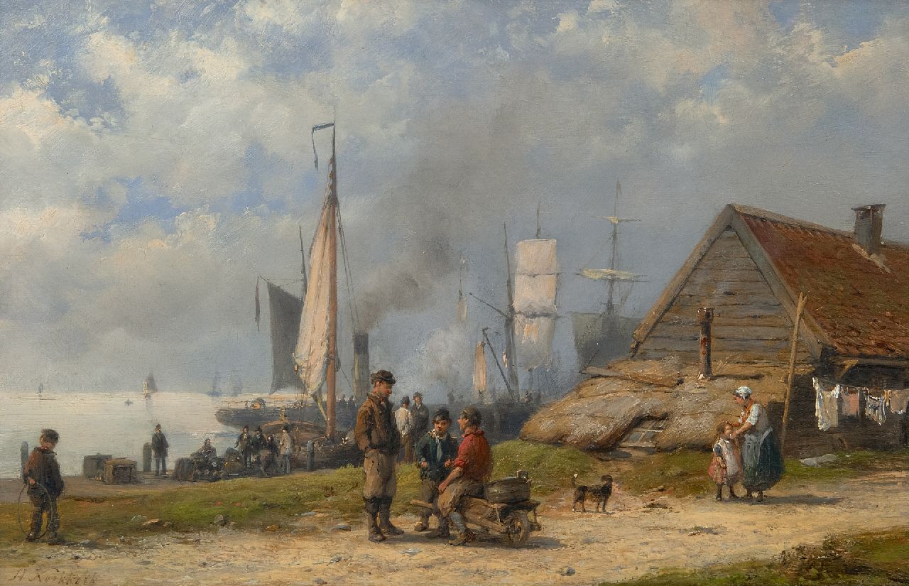 Koekkoek H. | Hermanus Koekkoek, Vissersvolk en reizigers bij afgemeerde schepen, olieverf op paneel 21,3 x 32,5 cm, gesigneerd linksonder Koekkoek H. | Hermanus Koekkoek, Vissersvolk en reizigers bij afgemeerde schepen, olieverf op paneel 21,3 x 32,5 cm, gesigneerd linksonder