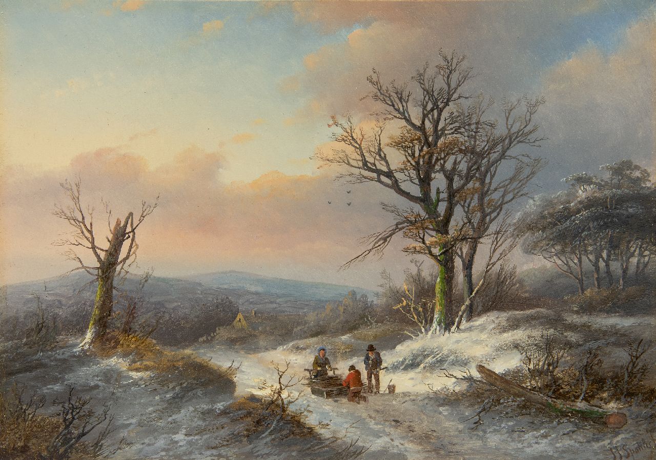 Spohler J.J.  | Jan Jacob Spohler, Winterlandschap met houtsprokkelaars, olieverf op paneel 23,0 x 33,0 cm, gesigneerd rechtsonder