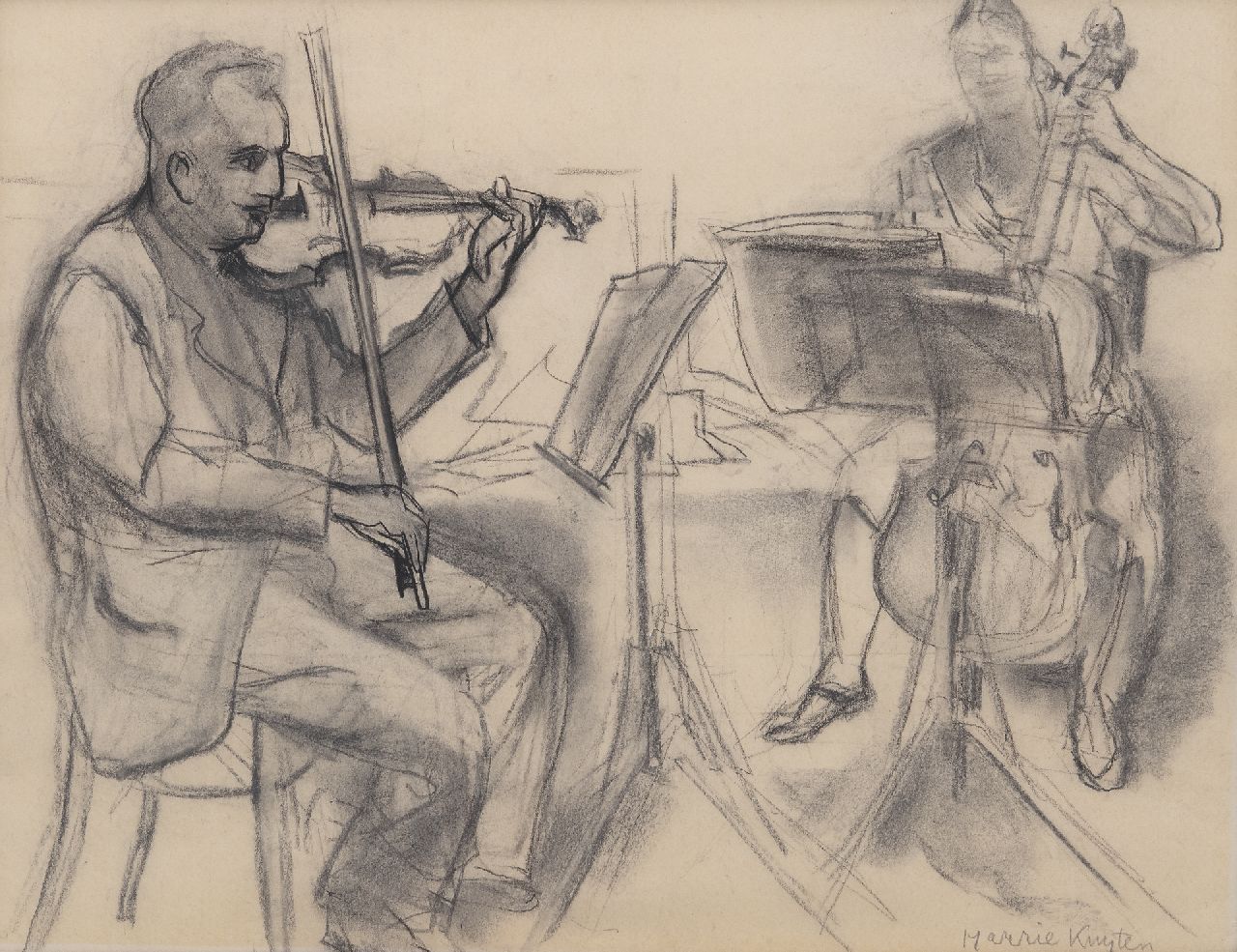 Kuijten H.J. | Henricus Johannes 'Harrie' Kuijten | Aquarellen en tekeningen te koop aangeboden | Spelende violist en cellist, zwart krijt op papier 37,1 x 47,8 cm, gesigneerd rechtsonder Kuijten H.J. | Henricus Johannes 'Harrie' Kuijten | Aquarellen en tekeningen te koop aangeboden | Spelende violist en cellist, zwart krijt op papier 37,1 x 47,8 cm, gesigneerd rechtsonder