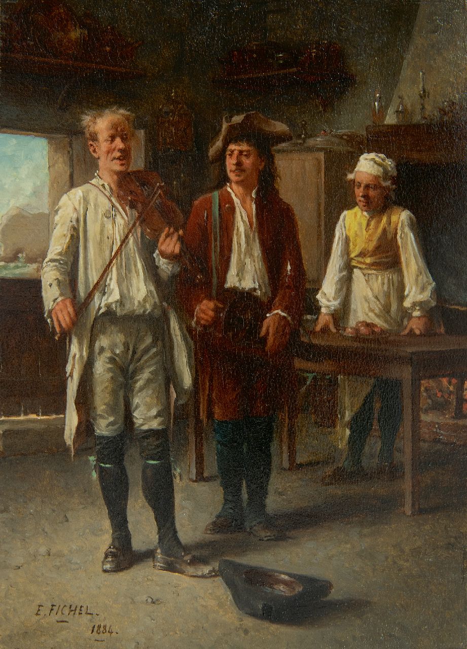 Fichel B.E. | Benjamin 'Eugène' Fichel | Schilderijen te koop aangeboden | De vioolspeler, olieverf op paneel 22,0 x 15,8 cm, gesigneerd linksonder en gedateerd 1884 Fichel B.E. | Benjamin 'Eugène' Fichel | Schilderijen te koop aangeboden | De vioolspeler, olieverf op paneel 22,0 x 15,8 cm, gesigneerd linksonder en gedateerd 1884