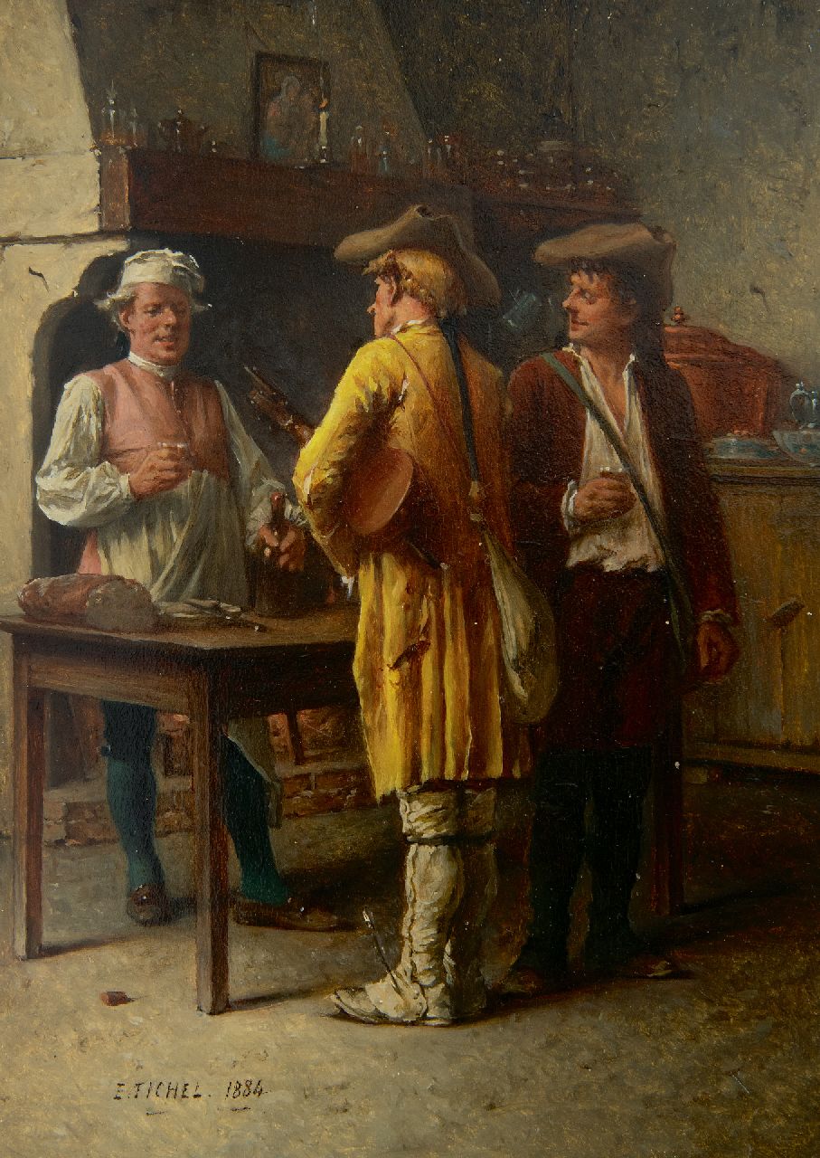 Fichel B.E. | Benjamin 'Eugène' Fichel | Schilderijen te koop aangeboden | Pauze in de herberg, olieverf op paneel 22,0 x 15,7 cm, gesigneerd linksonder en gedateerd 1884 Fichel B.E. | Benjamin 'Eugène' Fichel | Schilderijen te koop aangeboden | Pauze in de herberg, olieverf op paneel 22,0 x 15,7 cm, gesigneerd linksonder en gedateerd 1884