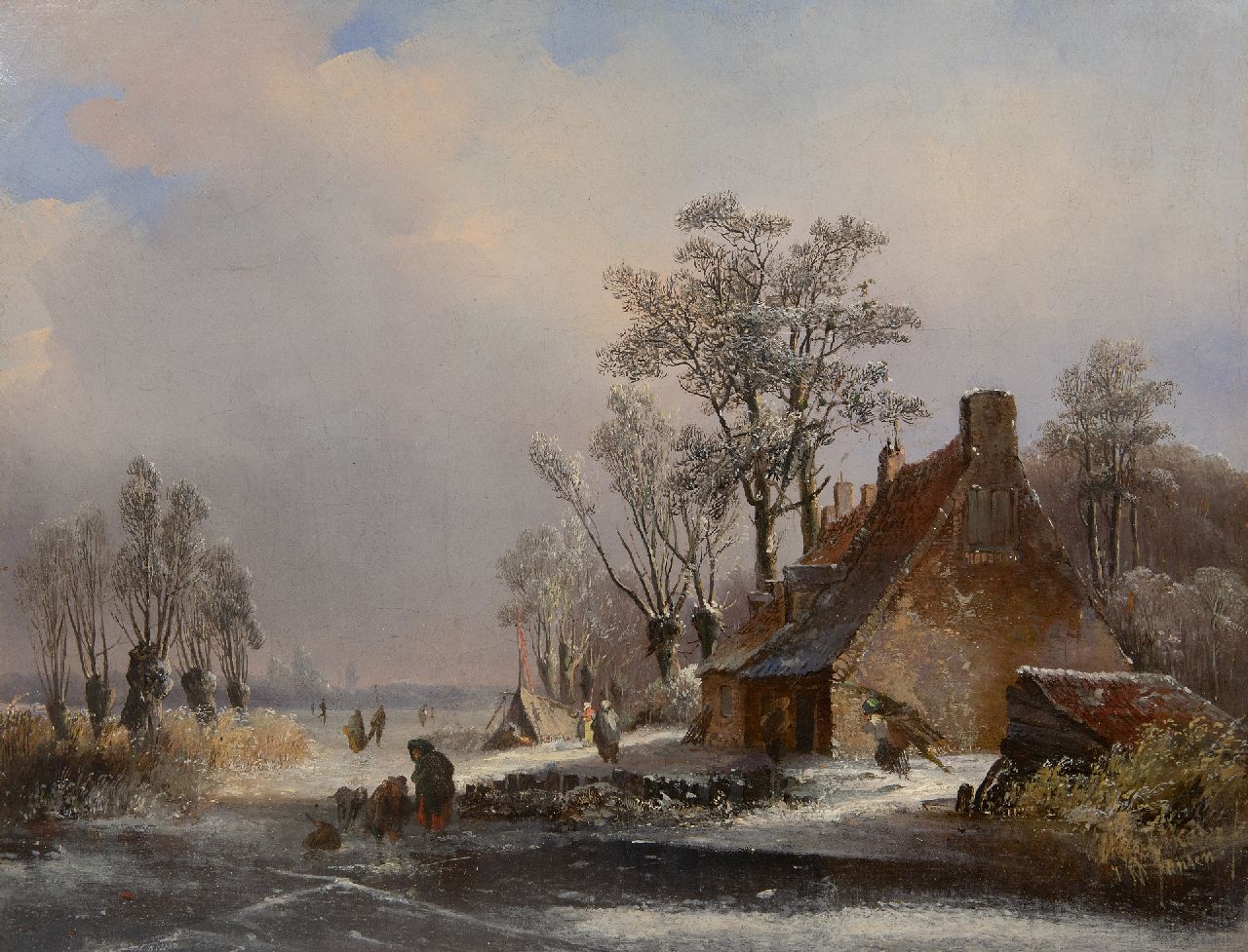 Johannes Mauritz Jansen | Winterlandschap met boerderij en schaatsers, olieverf op doek, 35,1 x 45,5 cm, gesigneerd r.o. Johannes Mauritz Jansen | Winterlandschap met boerderij en schaatsers, olieverf op doek, 35,1 x 45,5 cm, gesigneerd r.o.