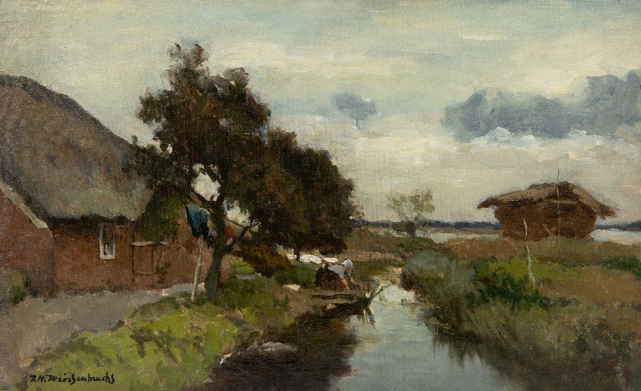 Weissenbruch H.J. | Hendrik Johannes 'J.H.' Weissenbruch, Aan de beek, olieverf op doek op paneel 25,3 x 41,0 cm, gesigneerd linksonder Weissenbruch H.J. | Hendrik Johannes 'J.H.' Weissenbruch, Aan de beek, olieverf op doek op paneel 25,3 x 41,0 cm, gesigneerd linksonder