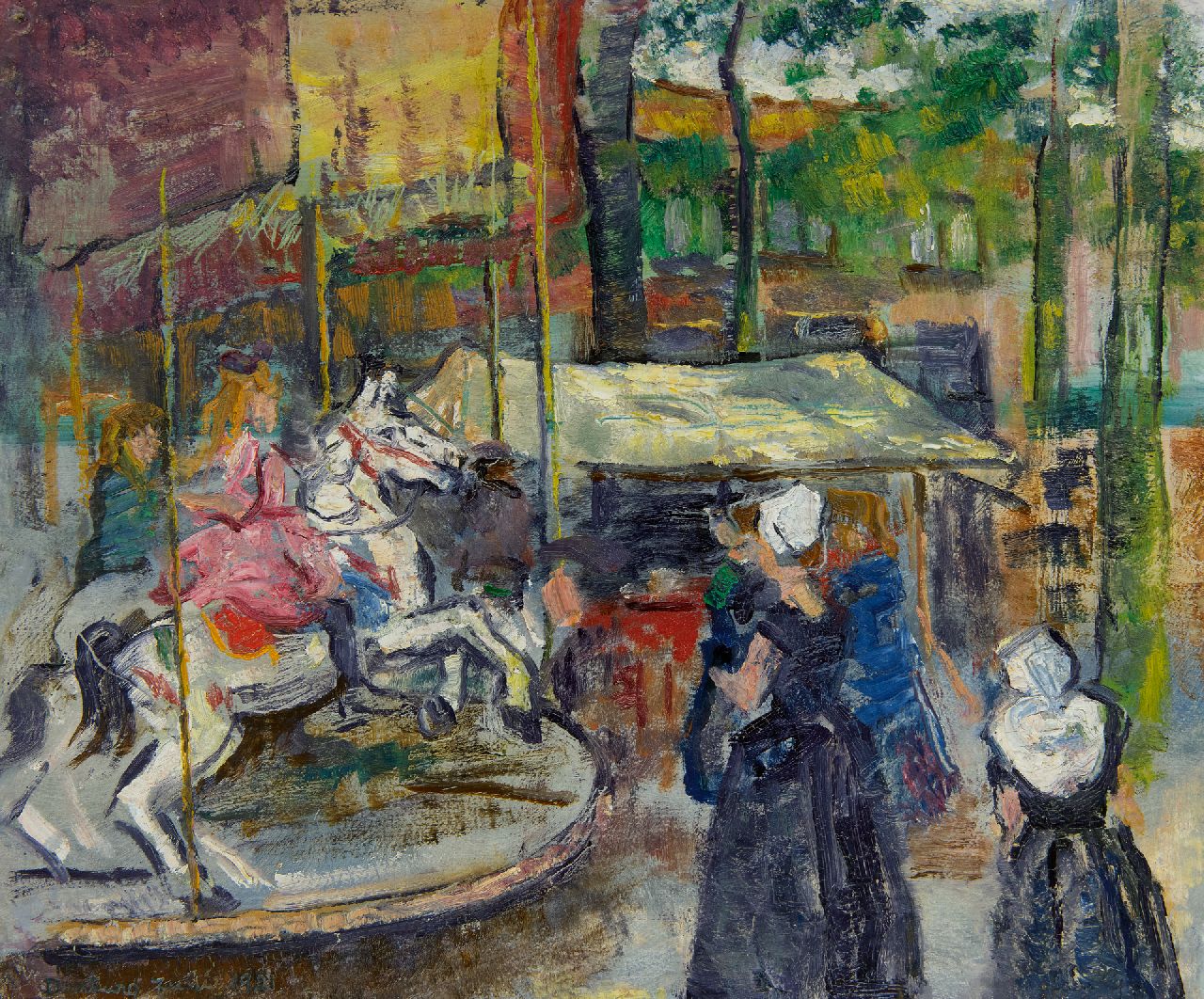 Góth C. | Charlotte 'Sarika' Góth, De kermis in Domburg, olieverf op papier op board 30,5 x 36,7 cm, gesigneerd rechtsonder en gedateerd Juli 1921 Góth C. | Charlotte 'Sarika' Góth, De kermis in Domburg, olieverf op papier op board 30,5 x 36,7 cm, gesigneerd rechtsonder en gedateerd Juli 1921