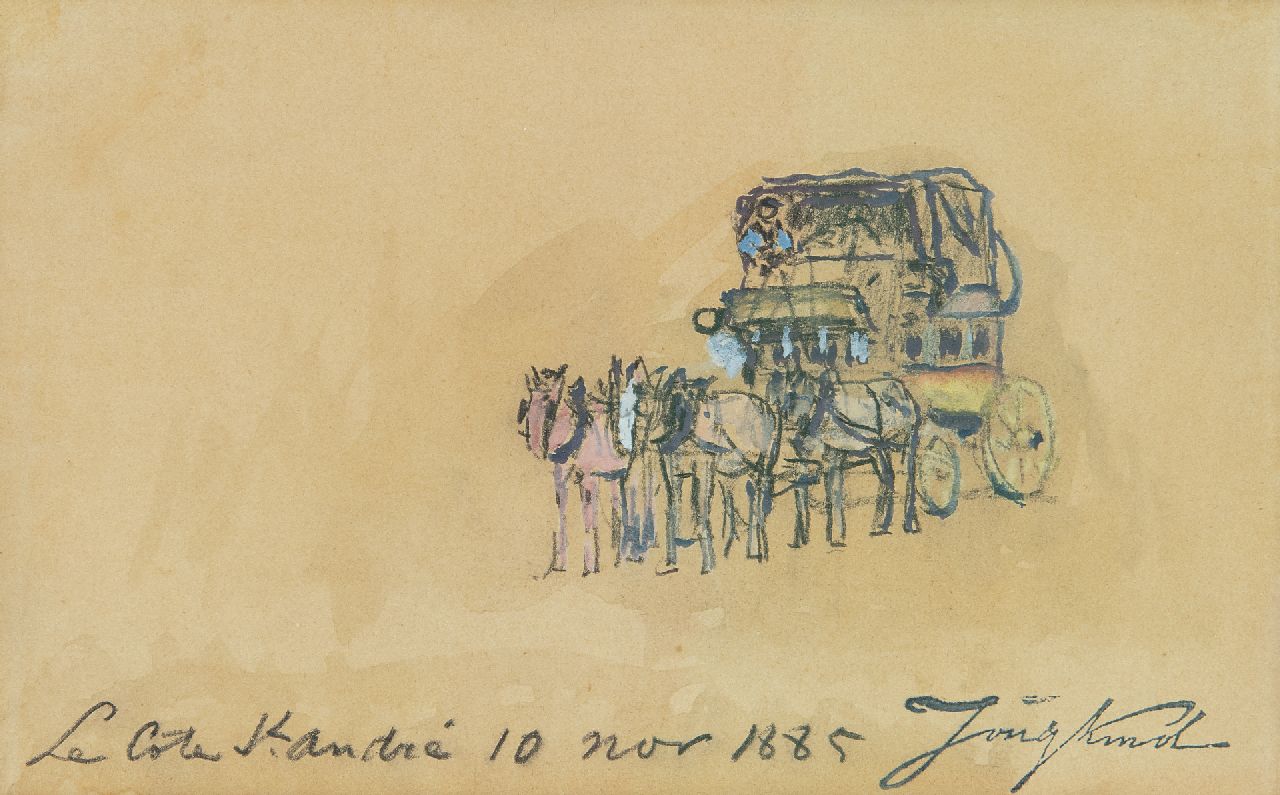 Jongkind J.B. | Johan Barthold Jongkind | Aquarellen en tekeningen te koop aangeboden | De diligence, La Côte-Saint-André, zwart krijt en aquarel op papier 10,3 x 16,7 cm, gesigneerd rechtsonder met naamstempel en gedateerd 'La Côte St. André 10 nov 1885' Jongkind J.B. | Johan Barthold Jongkind | Aquarellen en tekeningen te koop aangeboden | De diligence, La Côte-Saint-André, zwart krijt en aquarel op papier 10,3 x 16,7 cm, gesigneerd rechtsonder met naamstempel en gedateerd 'La Côte St. André 10 nov 1885'