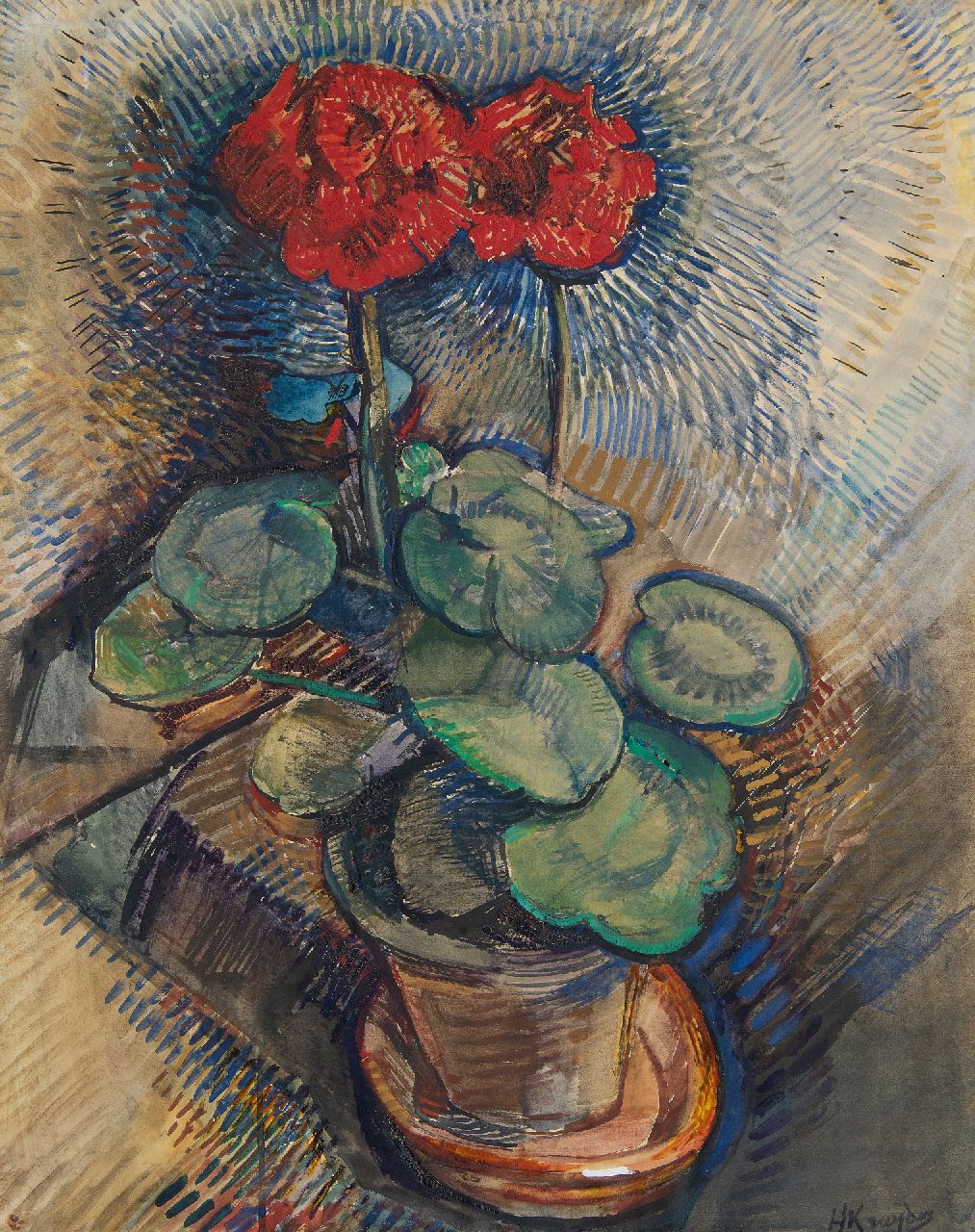 Kruyder H.J. | 'Herman' Justus Kruyder | Aquarellen en tekeningen te koop aangeboden | Rode geranium, gouache op papier 64,6 x 49,9 cm, gesigneerd rechtsonder Kruyder H.J. | 'Herman' Justus Kruyder | Aquarellen en tekeningen te koop aangeboden | Rode geranium, gouache op papier 64,6 x 49,9 cm, gesigneerd rechtsonder