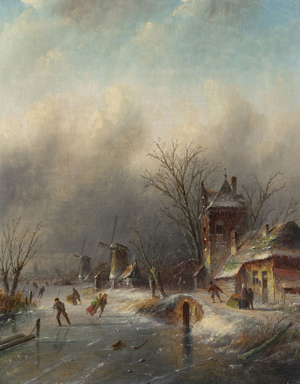 Spohler J.J.C. | Jacob Jan Coenraad Spohler, Schaatsers op het ijs bij naderende sneeuwstorm, olieverf op doek 44,3 x 34,9 cm, gesigneerd rechtsonder Spohler J.J.C. | Jacob Jan Coenraad Spohler, Schaatsers op het ijs bij naderende sneeuwstorm, olieverf op doek 44,3 x 34,9 cm, gesigneerd rechtsonder