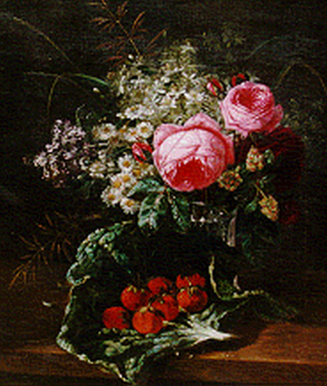 Huygens F.J. | 'François' Joseph Huygens, Stilleven met pioenrozen, veldbloemen en aardbeien, olieverf op doek 50,7 x 44,0 cm, gesigneerd rechtsonder Huygens F.J. | 'François' Joseph Huygens, Stilleven met pioenrozen, veldbloemen en aardbeien, olieverf op doek 50,7 x 44,0 cm, gesigneerd rechtsonder