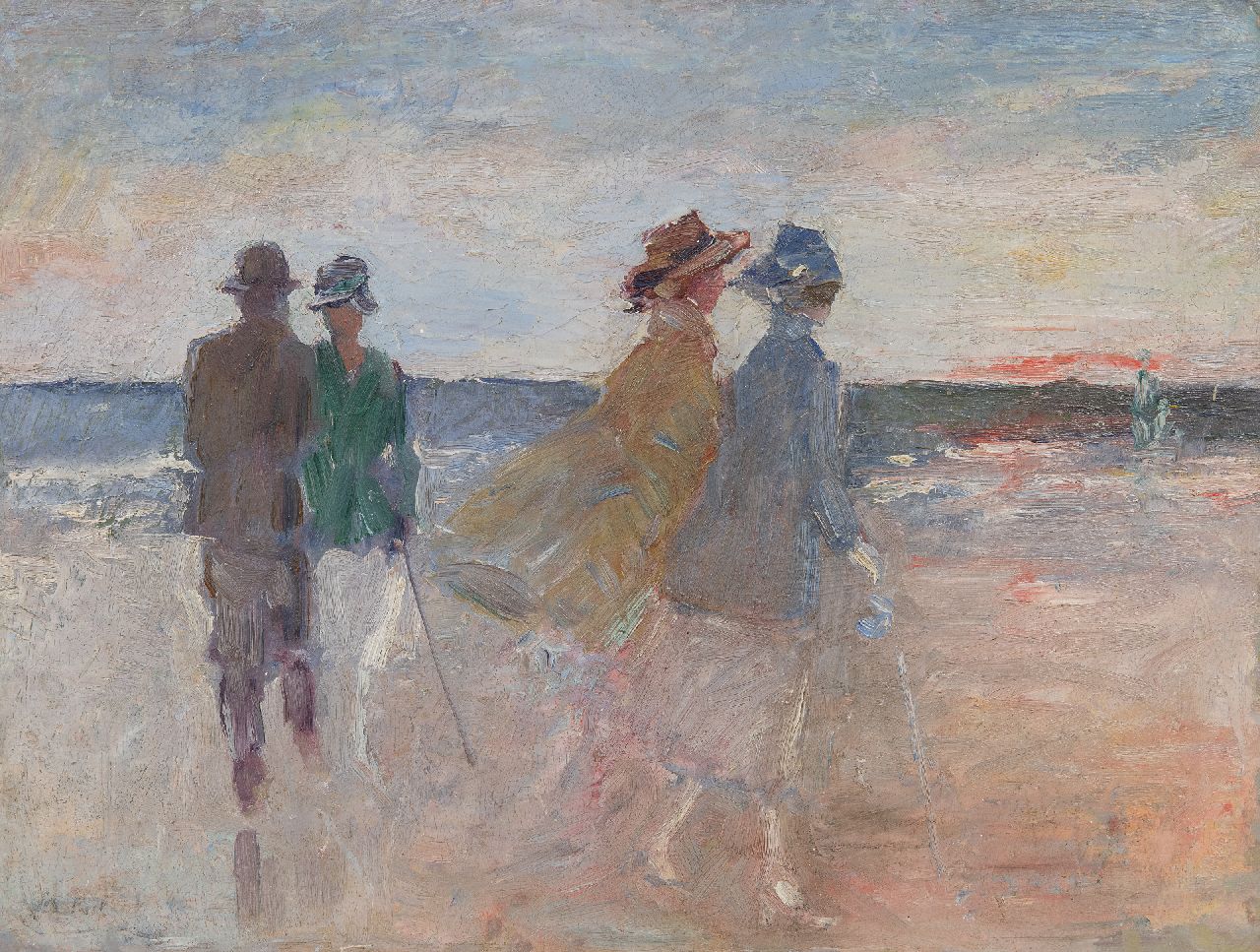 Rinke J.  | 'Jan' Frederik Rinke, Wandelaars op het Scheveningse strand bij zonsondergang, olieverf op board 30,1 x 40,2 cm, gesigneerd linksonder (resten)