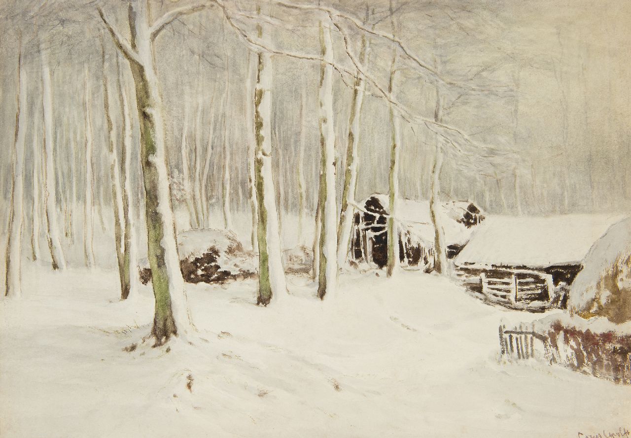 Apol L.F.H.  | Lodewijk Franciscus Hendrik 'Louis' Apol | Aquarellen en tekeningen te koop aangeboden | Besneeuwde schuren in het bos, gouache op papier 36,5 x 52,1 cm, gesigneerd rechtsonder