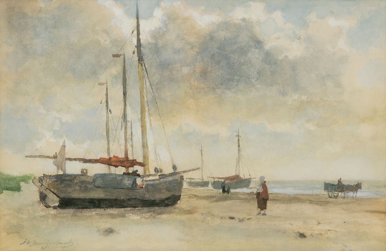 Weissenbruch H.J. | Hendrik Johannes 'J.H.' Weissenbruch, Bomschuiten op het strand, aquarel op papier 32,8 x 49,6 cm, gesigneerd linksonder Weissenbruch H.J. | Hendrik Johannes 'J.H.' Weissenbruch, Bomschuiten op het strand, aquarel op papier 32,8 x 49,6 cm, gesigneerd linksonder