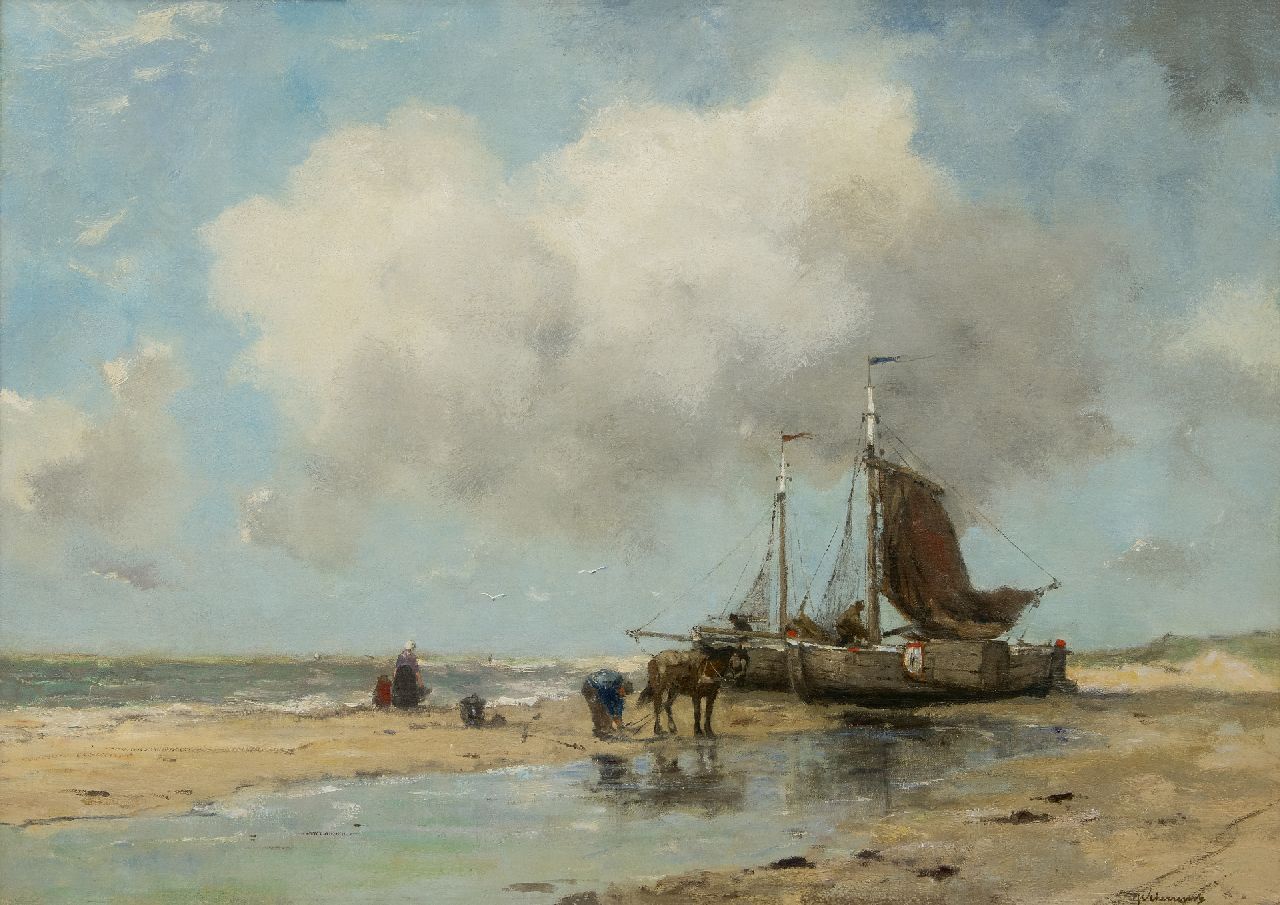Scherrewitz J.F.C.  | Johan Frederik Cornelis Scherrewitz | Schilderijen te koop aangeboden | Bomschuiten op het strand, olieverf op doek 59,8 x 84,2 cm, gesigneerd rechtsonder