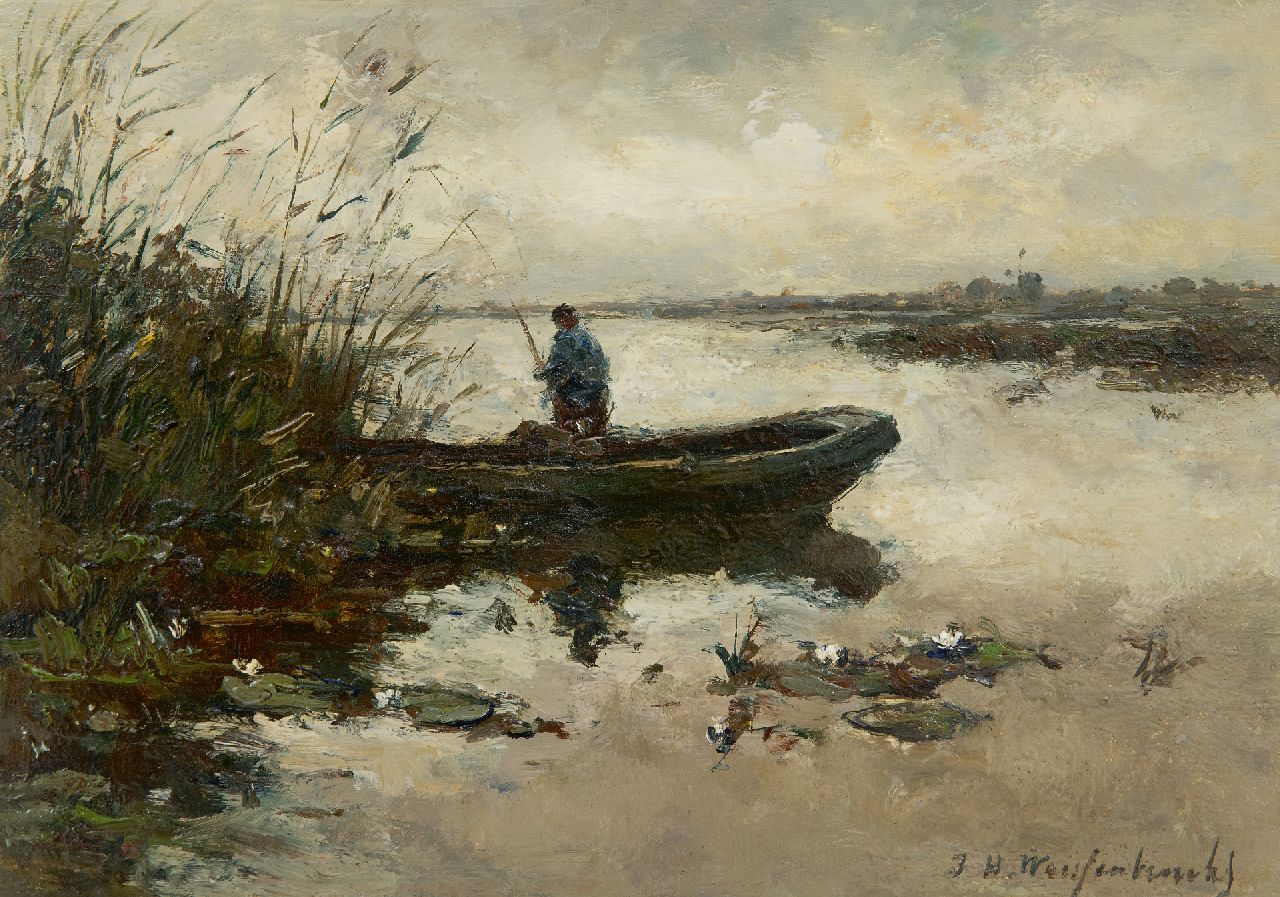 Weissenbruch H.J. | Hendrik Johannes 'J.H.' Weissenbruch, Visser in een poldervaart, olieverf op paneel 20,2 x 28,3 cm, gesigneerd rechtsonder en te dateren ca. 1890-1895. Weissenbruch H.J. | Hendrik Johannes 'J.H.' Weissenbruch, Visser in een poldervaart, olieverf op paneel 20,2 x 28,3 cm, gesigneerd rechtsonder en te dateren ca. 1890-1895.