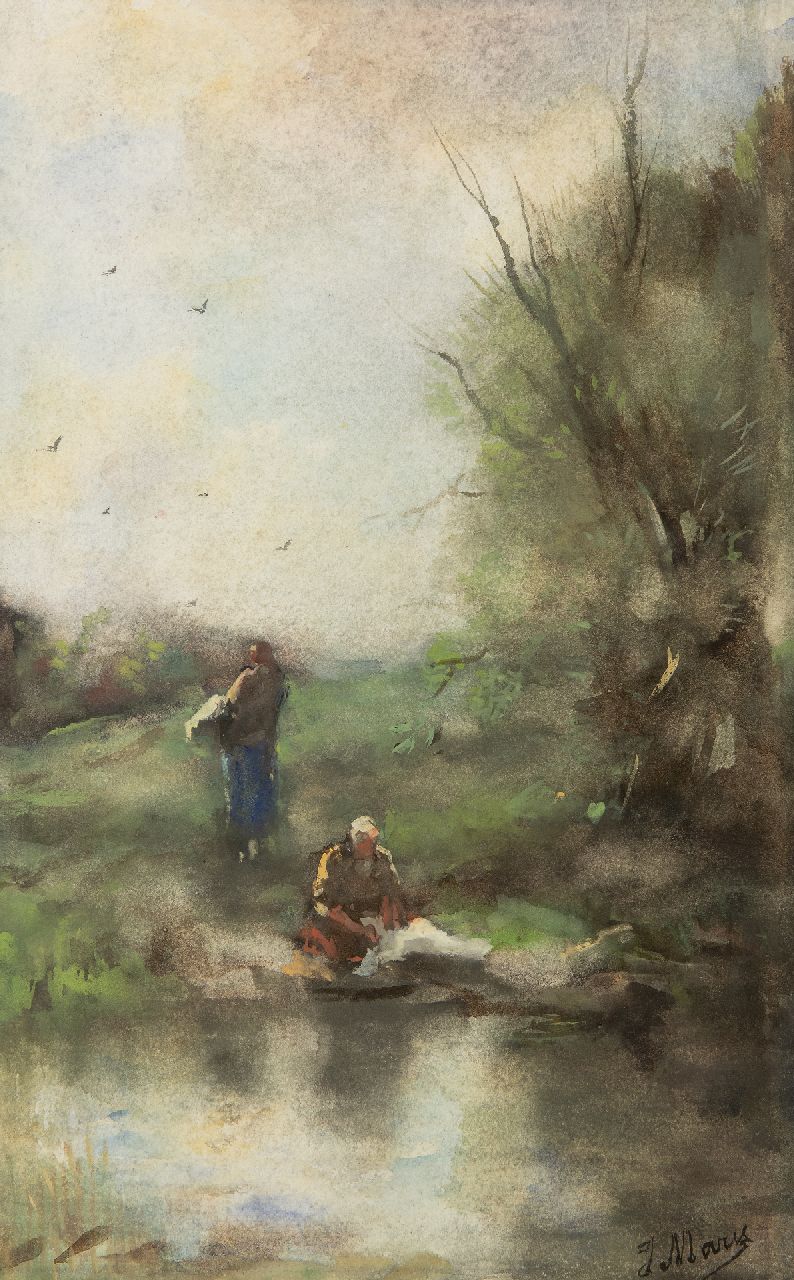 Maris J.H.  | Jacobus Hendricus 'Jacob' Maris | Aquarellen en tekeningen te koop aangeboden | Wasvrouwen bij de rivier, aquarel op papier 38,8 x 24,5 cm, gesigneerd rechtsonder en te dateren ca. 1888-1889