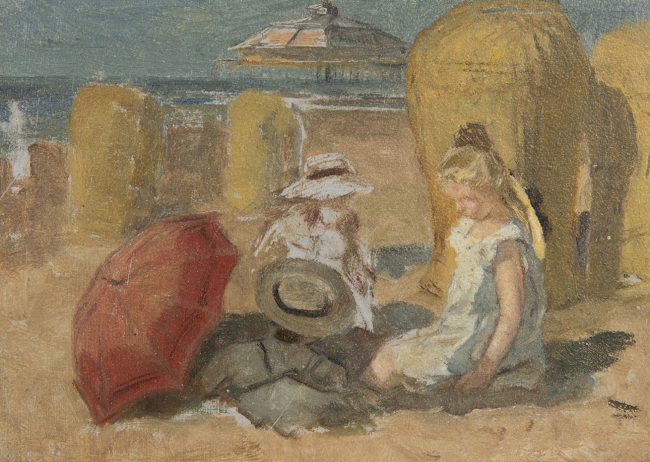 Jonge J.A. de | Johan Antoni de Jonge | Schilderijen te koop aangeboden | Kinderen op het strand van Scheveningen, olieverf op schildersboard 16,0 x 22,0 cm Jonge J.A. de | Johan Antoni de Jonge | Schilderijen te koop aangeboden | Kinderen op het strand van Scheveningen, olieverf op schildersboard 16,0 x 22,0 cm