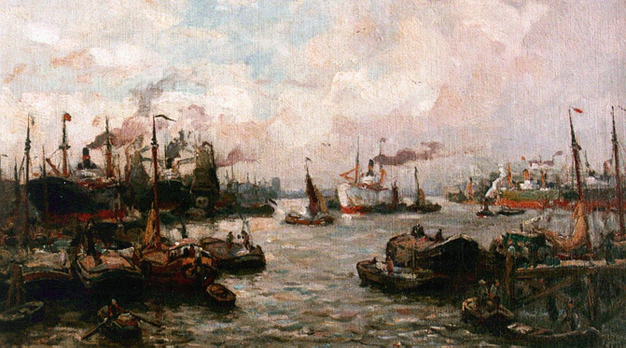 Moll E. | Evert Moll, Bedrijvigheid in de Rotterdamse haven, olieverf op doek 24,3 x 40,8 cm, gesigneerd rechtsonder Moll E. | Evert Moll, Bedrijvigheid in de Rotterdamse haven, olieverf op doek 24,3 x 40,8 cm, gesigneerd rechtsonder