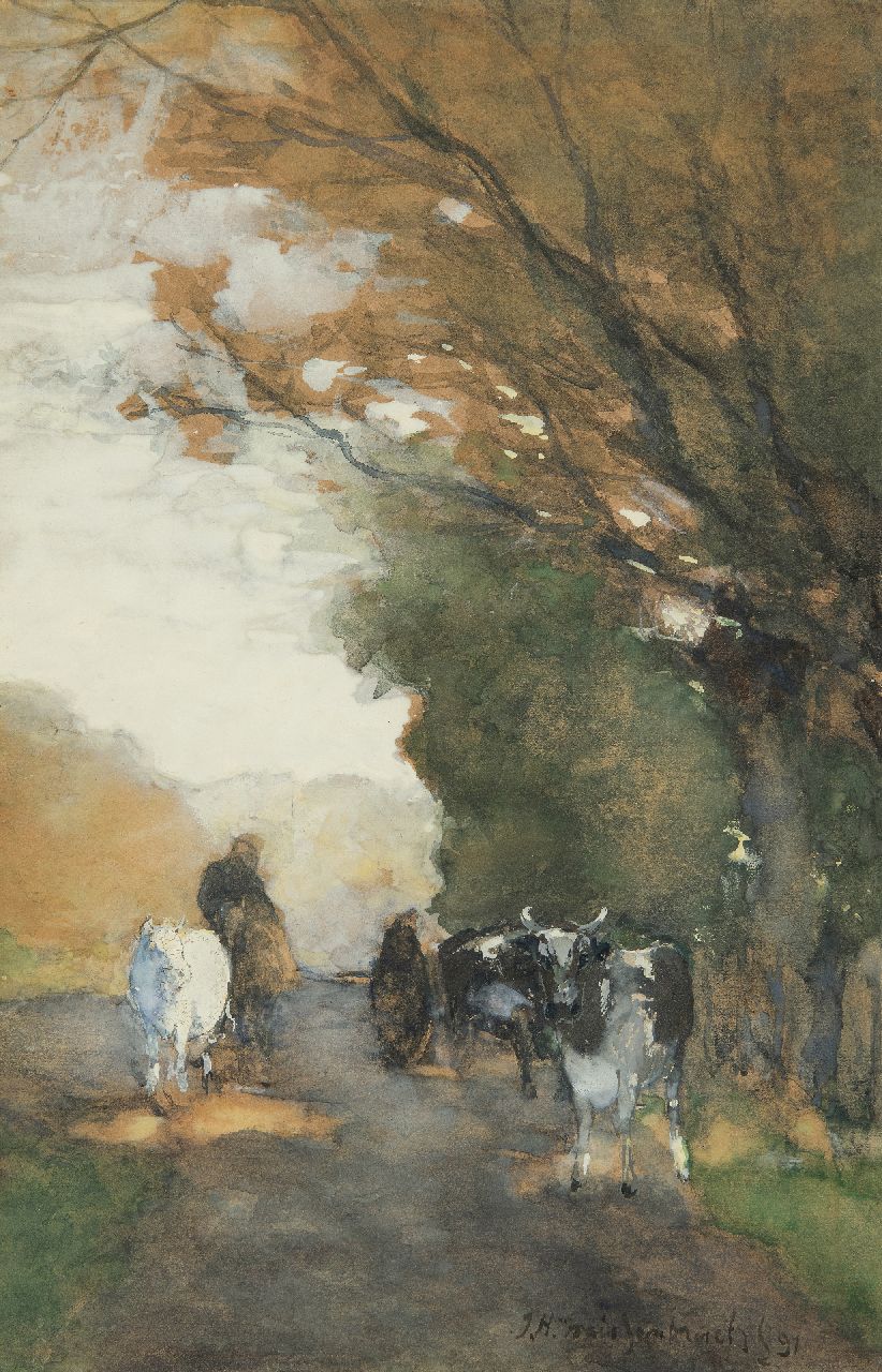 Weissenbruch H.J. | Hendrik Johannes 'J.H.' Weissenbruch, Koeien op pad langs de bosrand, aquarel op papier 35,3 x 22,8 cm, gesigneerd rechtsonder en gedateerd '91 Weissenbruch H.J. | Hendrik Johannes 'J.H.' Weissenbruch, Koeien op pad langs de bosrand, aquarel op papier 35,3 x 22,8 cm, gesigneerd rechtsonder en gedateerd '91