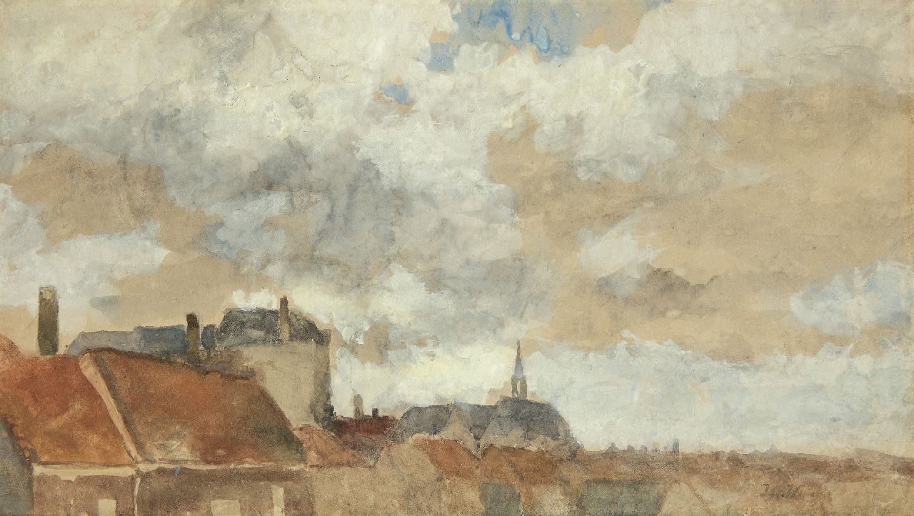 Weissenbruch H.J.  | Hendrik Johannes 'J.H.' Weissenbruch | Aquarellen en tekeningen te koop aangeboden | Uitzicht over daken, aquarel op papier 32,2 x 57,5 cm, gesigneerd rechtsonder met initialen