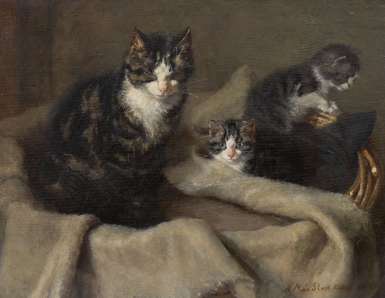 Kruijff A.M. | Anna Maria Kruijff, Moederpoes met twee kittens, olieverf op doek 35,2 x 45,4 cm, gesigneerd rechtsonder en gedateerd 1908 Kruijff A.M. | Anna Maria Kruijff, Moederpoes met twee kittens, olieverf op doek 35,2 x 45,4 cm, gesigneerd rechtsonder en gedateerd 1908