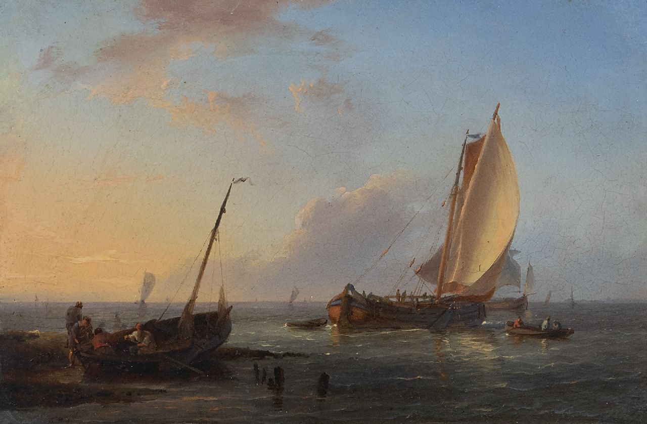 Koekkoek H.  | Hermanus Koekkoek | Schilderijen te koop aangeboden | Vissers en zeilschepen voor de kust, olieverf op blik op paneel 9,8 x 14,7 cm, gesigneerd linksonder met initialen