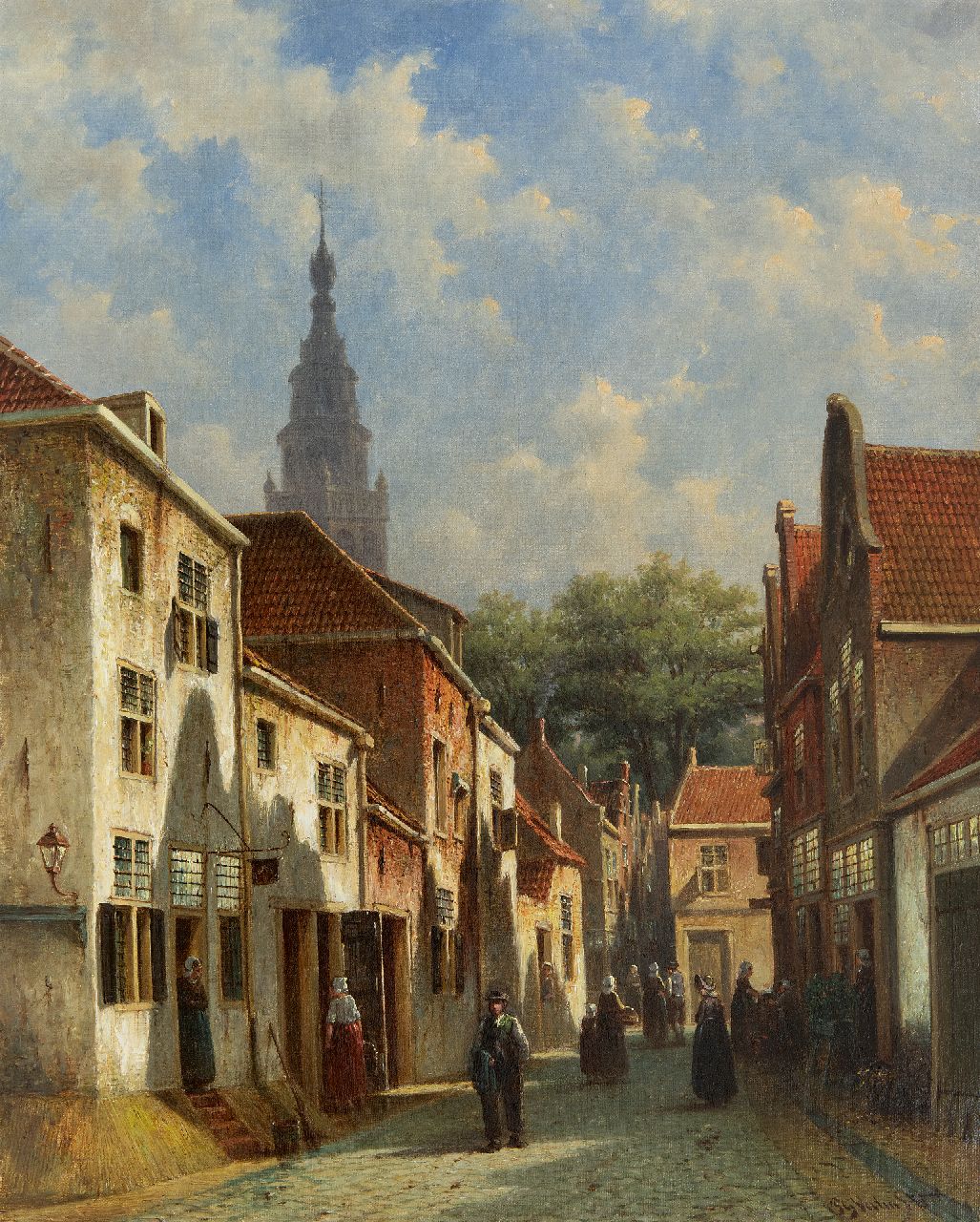 Vertin P.G.  | Petrus Gerardus Vertin | Schilderijen te koop aangeboden | Stadsgezicht met de Haagse Sint-Jacobskerk, gezien vanuit het Westeinde, Den Haag, olieverf op doek 63,2 x 50,5 cm, gesigneerd rechtsonder en gedateerd '73