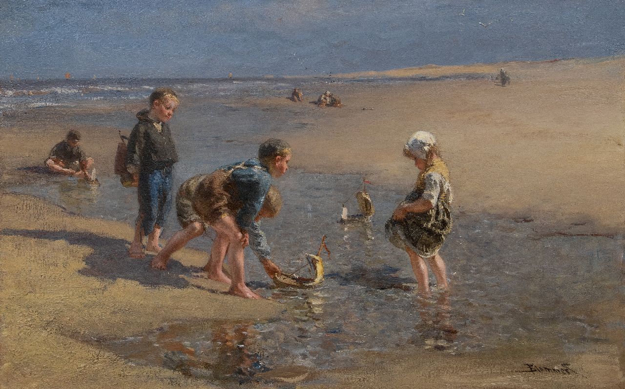 Blommers B.J.  | Bernardus Johannes 'Bernard' Blommers, Scheepje zeilen, olieverf op doek 67,0 x 103,3 cm, gesigneerd rechtsonder en te dateren ca. 1875