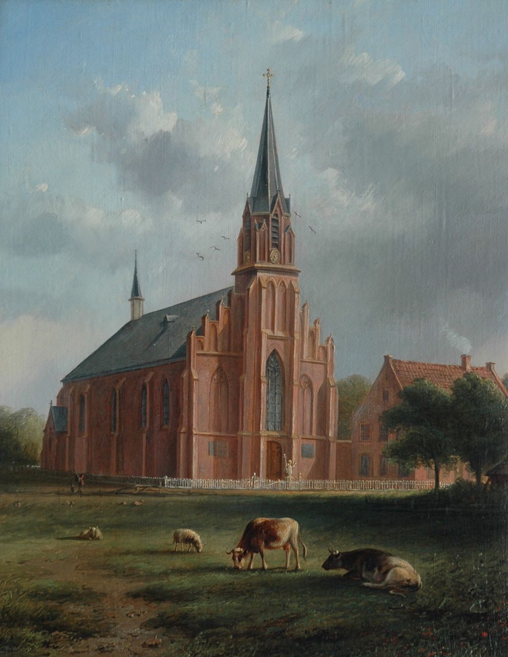 Berge B.G. ten | Bernardus Gerardus ten Berge, Grazend vee voor de voormalige R.K. Kerk in Egmond (of Rijndijk), olieverf op doek 48,3 x 39,0 cm, gesigneerd rechts van het midden Berge B.G. ten | Bernardus Gerardus ten Berge, Grazend vee voor de voormalige R.K. Kerk in Egmond (of Rijndijk), olieverf op doek 48,3 x 39,0 cm, gesigneerd rechts van het midden