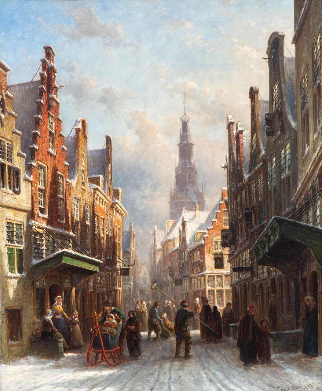 Vertin P.G. | Petrus Gerardus Vertin, Besneeuwd stadsgezicht met figuren, olieverf op paneel 61,2 x 50,2 cm, gesigneerd rechtsonder en gedateerd '77 Vertin P.G. | Petrus Gerardus Vertin, Besneeuwd stadsgezicht met figuren, olieverf op paneel 61,2 x 50,2 cm, gesigneerd rechtsonder en gedateerd '77