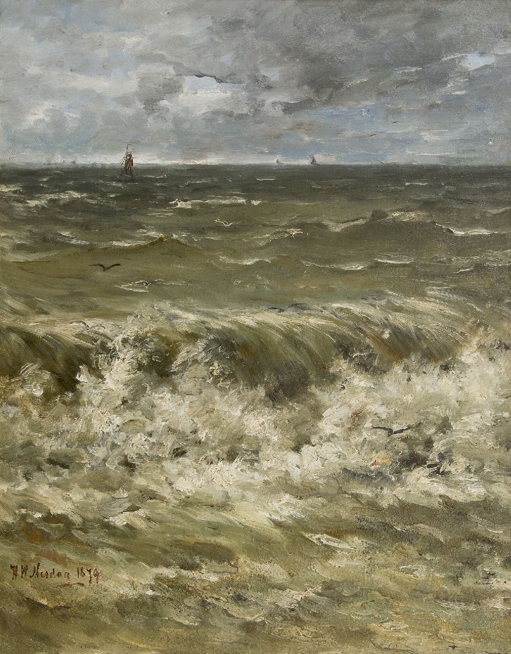 Mesdag H.W. | Hendrik Willem Mesdag, Branding met schepen in de verte, olieverf op doek op paneel 88,6 x 69,5 cm, gesigneerd linksonder en gedateerd 1879 Mesdag H.W. | Hendrik Willem Mesdag, Branding met schepen in de verte, olieverf op doek op paneel 88,6 x 69,5 cm, gesigneerd linksonder en gedateerd 1879