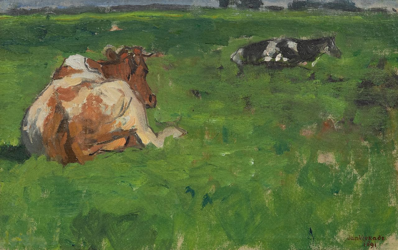 Verkade J. | Jan Verkade | Schilderijen te koop aangeboden | Rustende koeien in een weiland, olieverf op doek 26,5 x 41,4 cm, gesigneerd rechtsonder en gedateerd 1891 Verkade J. | Jan Verkade | Schilderijen te koop aangeboden | Rustende koeien in een weiland, olieverf op doek 26,5 x 41,4 cm, gesigneerd rechtsonder en gedateerd 1891