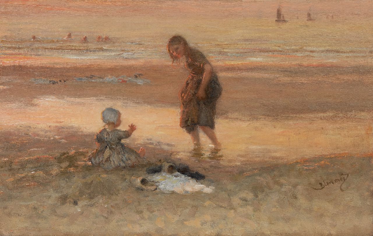 Blommers B.J. | Bernardus Johannes 'Bernard' Blommers | Schilderijen te koop aangeboden | Kinderen op het strand bij eb, olieverf op doek 45,2 x 71,1 cm, gesigneerd rechtsonder Blommers B.J. | Bernardus Johannes 'Bernard' Blommers | Schilderijen te koop aangeboden | Kinderen op het strand bij eb, olieverf op doek 45,2 x 71,1 cm, gesigneerd rechtsonder