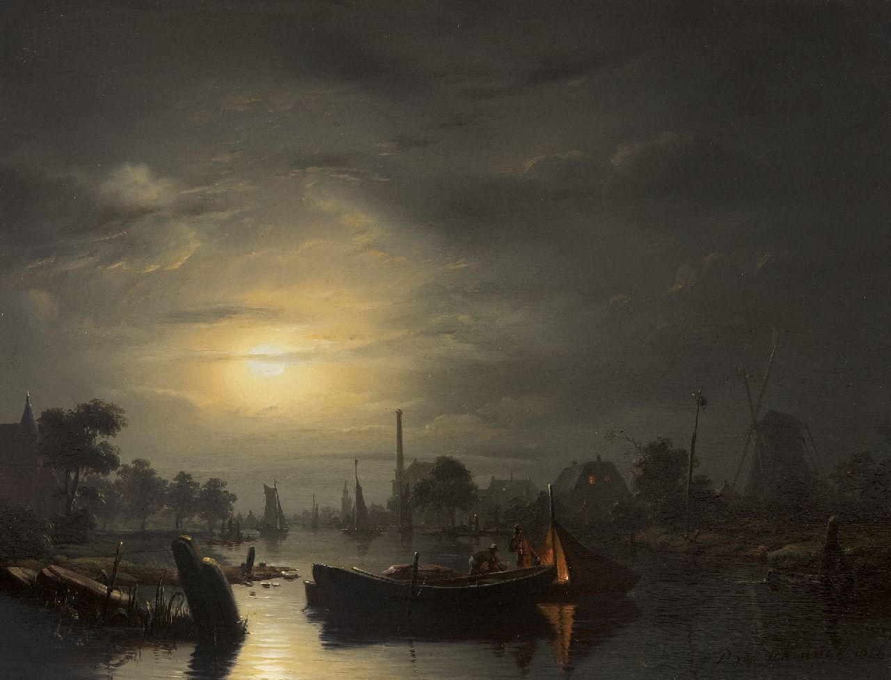 Schendel P. van | Petrus van Schendel, Riviergezicht bij maanlicht, omgeving Den Haag, olieverf op paneel 33,3 x 43,4 cm, gesigneerd rechtsonder en gedateerd 1846 Schendel P. van | Petrus van Schendel, Riviergezicht bij maanlicht, omgeving Den Haag, olieverf op paneel 33,3 x 43,4 cm, gesigneerd rechtsonder en gedateerd 1846