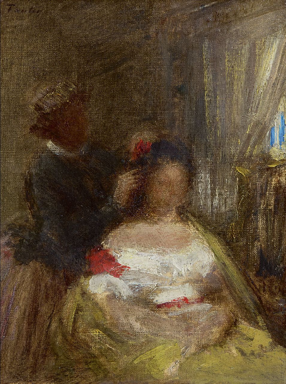 Fantin-Latour I.H.J.T.  | Ignace 'Henri' Jean Théodore Fantin-Latour | Schilderijen te koop aangeboden | La coiffeuse, olieverf op doek 27,0 x 21,2 cm, gesigneerd linksboven
