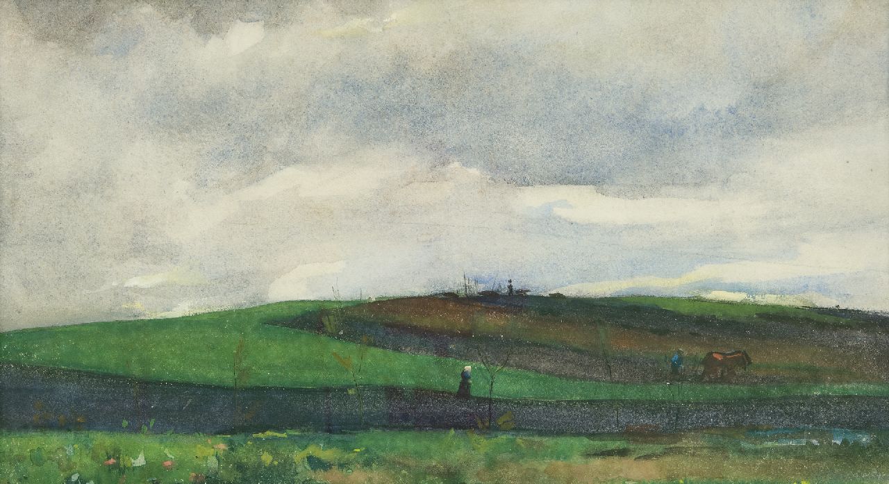 Arntzenius P.F.N.J.  | Pieter Florentius Nicolaas Jacobus 'Floris' Arntzenius | Aquarellen en tekeningen te koop aangeboden | Landschap bij buiïg weer, houtskool en aquarel op papier 23,0 x 41,5 cm, gesigneerd linksonder met resten van signatuur