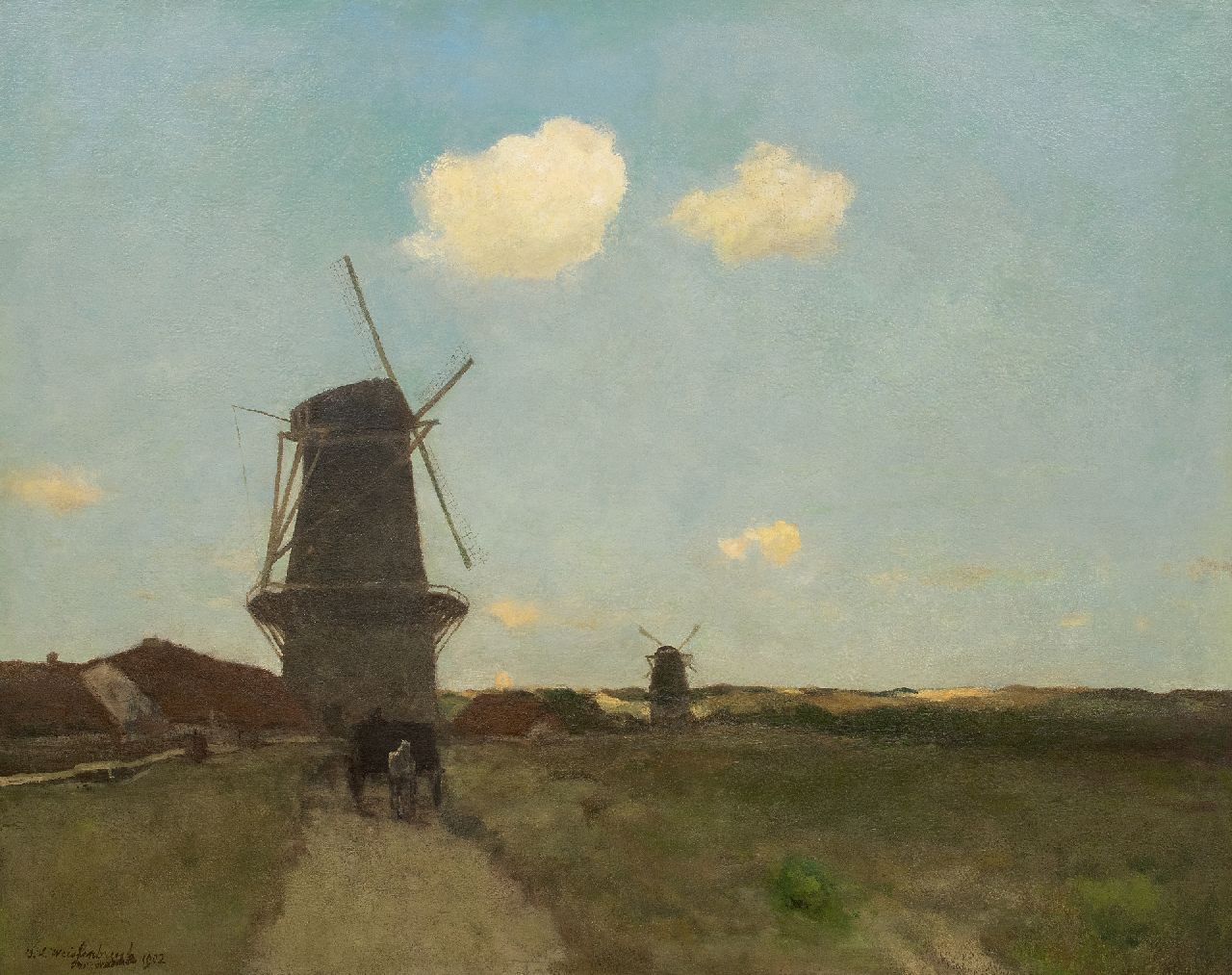 Weissenbruch H.J. | Hendrik Johannes 'J.H.' Weissenbruch | Schilderijen te koop aangeboden | Landschap met molens, olieverf op doek 103,0 x 128,8 cm, gesigneerd linksonder en gedateerd 1902 Weissenbruch H.J. | Hendrik Johannes 'J.H.' Weissenbruch | Schilderijen te koop aangeboden | Landschap met molens, olieverf op doek 103,0 x 128,8 cm, gesigneerd linksonder en gedateerd 1902