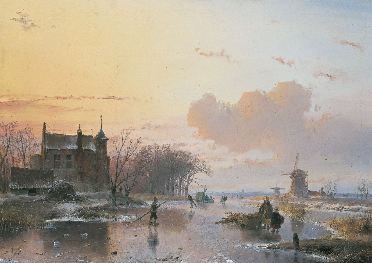 Schelfhout A. | Andreas Schelfhout, IJsgezicht met houtsprokkelaars, olieverf op paneel 38,5 x 49,8 cm, gesigneerd linksonder en gedateerd 1845 Schelfhout A. | Andreas Schelfhout, IJsgezicht met houtsprokkelaars, olieverf op paneel 38,5 x 49,8 cm, gesigneerd linksonder en gedateerd 1845