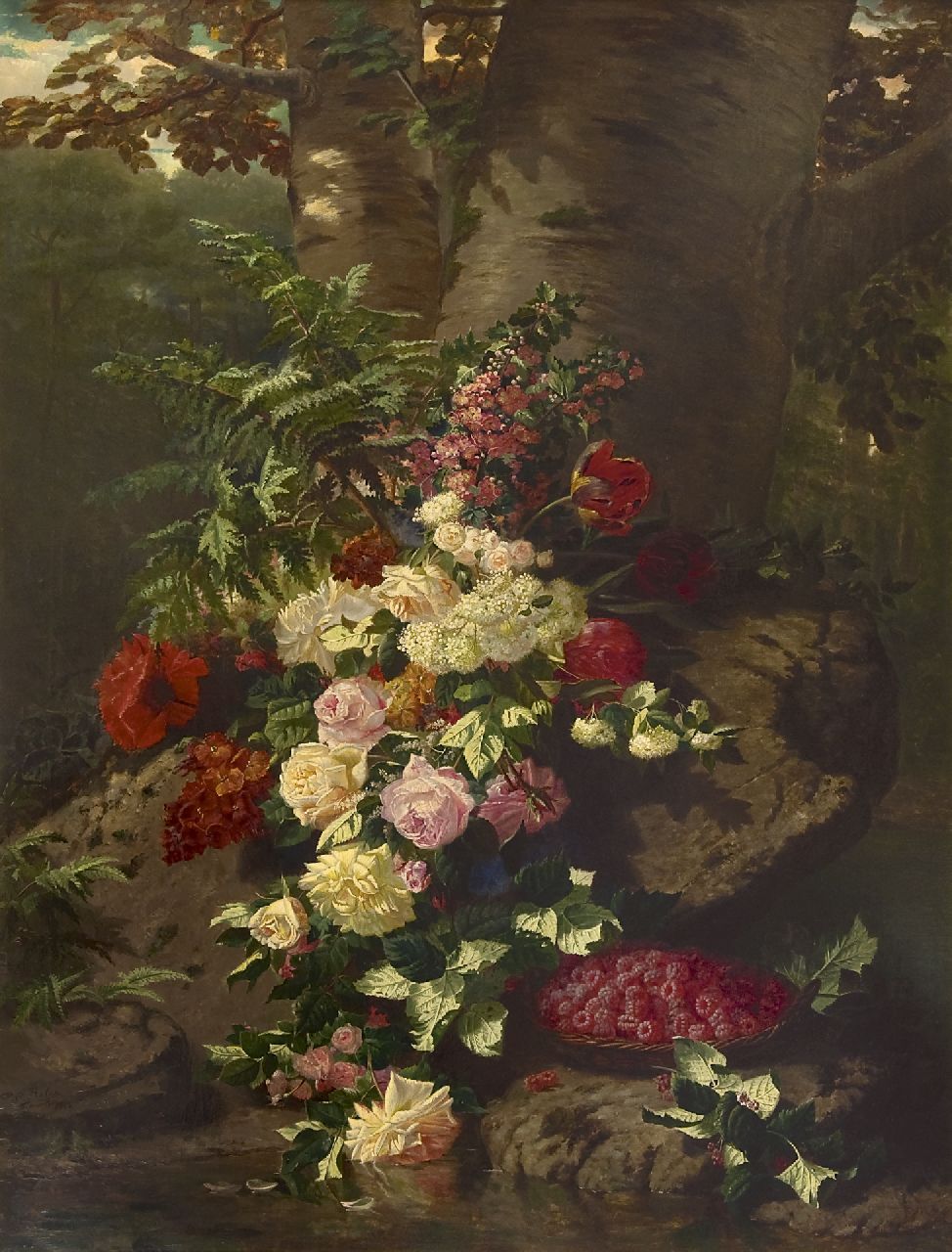 Jean-Baptiste Robie | Bloemstilleven met rozen, bloeiende takken en frambozen, olieverf op doek, 137,7 x 106,0 cm, gesigneerd l.o. en gedateerd 'Bruxelles' 1864 Jean-Baptiste Robie | Bloemstilleven met rozen, bloeiende takken en frambozen, olieverf op doek, 137,7 x 106,0 cm, gesigneerd l.o. en gedateerd 'Bruxelles' 1864