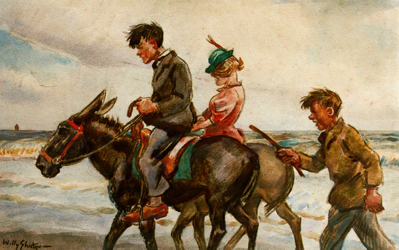 Sluiter J.W. | Jan Willem 'Willy' Sluiter, Ezeltje rijden op het strand, aquarel op papier 26,3 x 39,8 cm, gesigneerd linksonder Sluiter J.W. | Jan Willem 'Willy' Sluiter, Ezeltje rijden op het strand, aquarel op papier 26,3 x 39,8 cm, gesigneerd linksonder