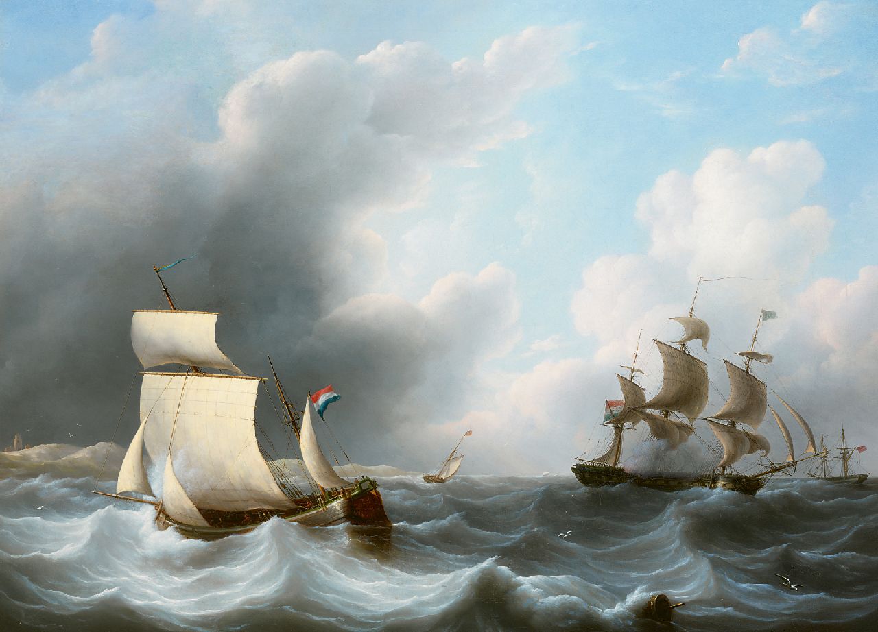 Martinus Schouman | Zeegezicht met kofschip en oorlogsfregat, olieverf op doek, 72,0 x 98,5 cm, gesigneerd r.o. en te dateren ca. 1810-1820