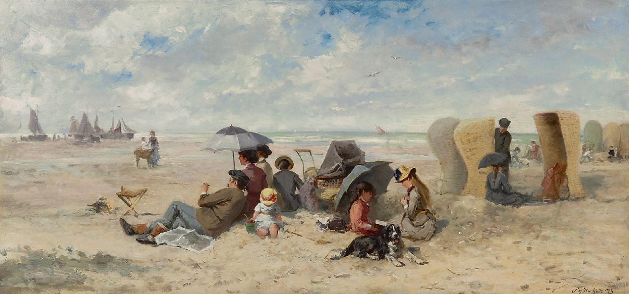 Kate J.M. ten | Johannes Marius ten Kate, Familiedag op het strand van Scheveningen, olieverf op paneel 33,3 x 69,2 cm, gesigneerd rechtsonder Kate J.M. ten | Johannes Marius ten Kate, Familiedag op het strand van Scheveningen, olieverf op paneel 33,3 x 69,2 cm, gesigneerd rechtsonder