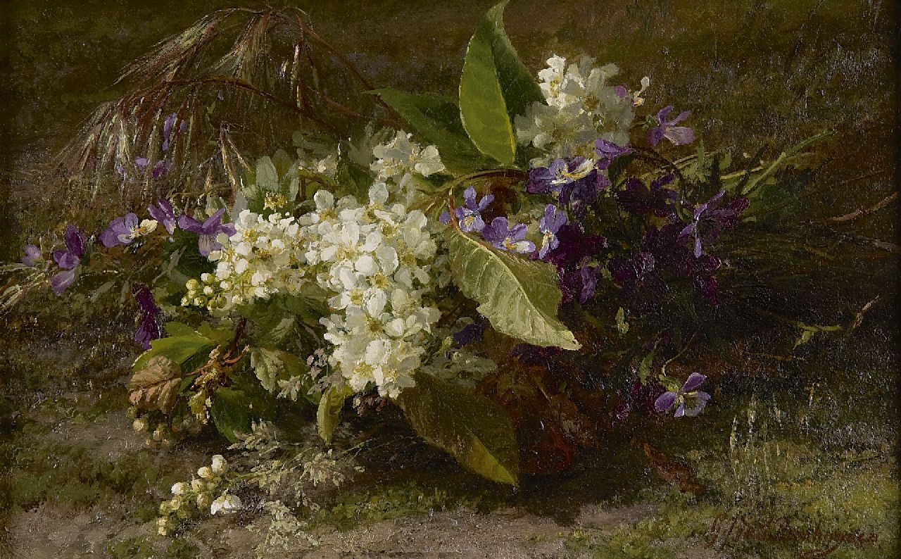 Sande Bakhuyzen G.J. van de | 'Gerardine' Jacoba van de Sande Bakhuyzen | Schilderijen te koop aangeboden | Boeket met bloesemtakken en viooltjes op de bosgrond, olieverf op paneel 22,9 x 36,3 cm, gesigneerd rechtsonder Sande Bakhuyzen G.J. van de | 'Gerardine' Jacoba van de Sande Bakhuyzen | Schilderijen te koop aangeboden | Boeket met bloesemtakken en viooltjes op de bosgrond, olieverf op paneel 22,9 x 36,3 cm, gesigneerd rechtsonder