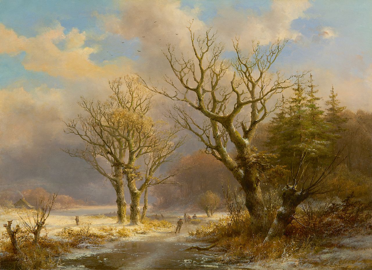 Klombeck J.B. | Johann Bernard Klombeck | Schilderijen te koop aangeboden | Boomrijk winterlandschap met schaatsers, olieverf op paneel 38,7 x 53,6 cm, gesigneerd rechtsonder Klombeck J.B. | Johann Bernard Klombeck | Schilderijen te koop aangeboden | Boomrijk winterlandschap met schaatsers, olieverf op paneel 38,7 x 53,6 cm, gesigneerd rechtsonder