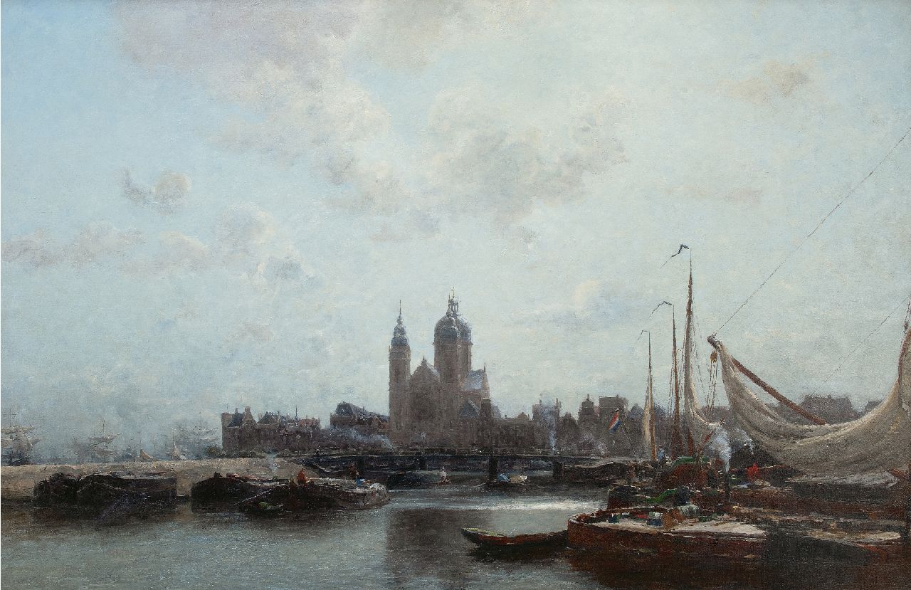 Wijsmuller J.H. | Jan Hillebrand Wijsmuller | Schilderijen te koop aangeboden | Amsterdams havengezicht met de St. Nicolaaskerk, olieverf op doek 99,5 x 149,8 cm, gesigneerd rechtsonder Wijsmuller J.H. | Jan Hillebrand Wijsmuller | Schilderijen te koop aangeboden | Amsterdams havengezicht met de St. Nicolaaskerk, olieverf op doek 99,5 x 149,8 cm, gesigneerd rechtsonder
